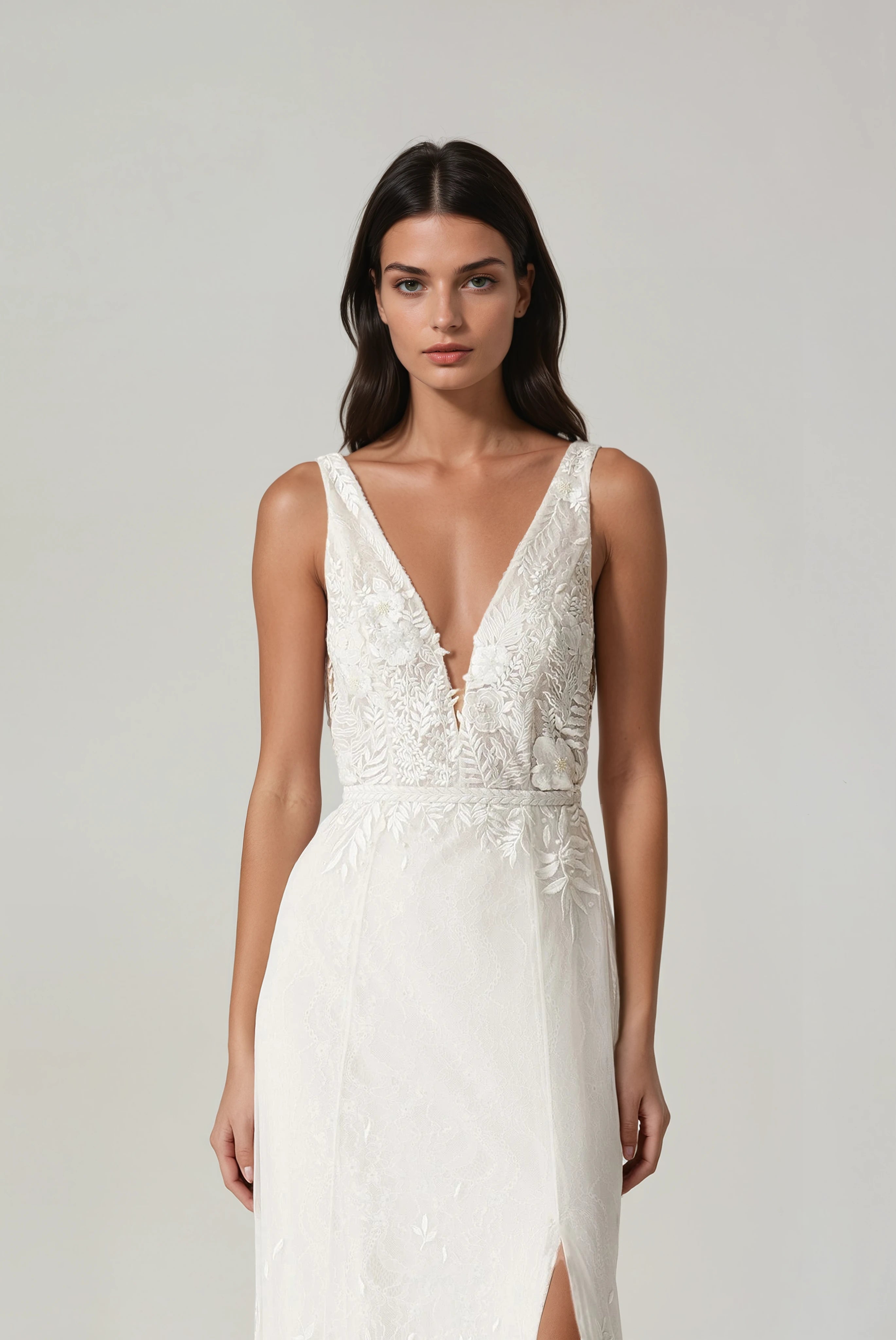 Fern and Rose Slim Fit Gown with Deep V Illusion Neckline | Hermione de Paula Bridal Boutique