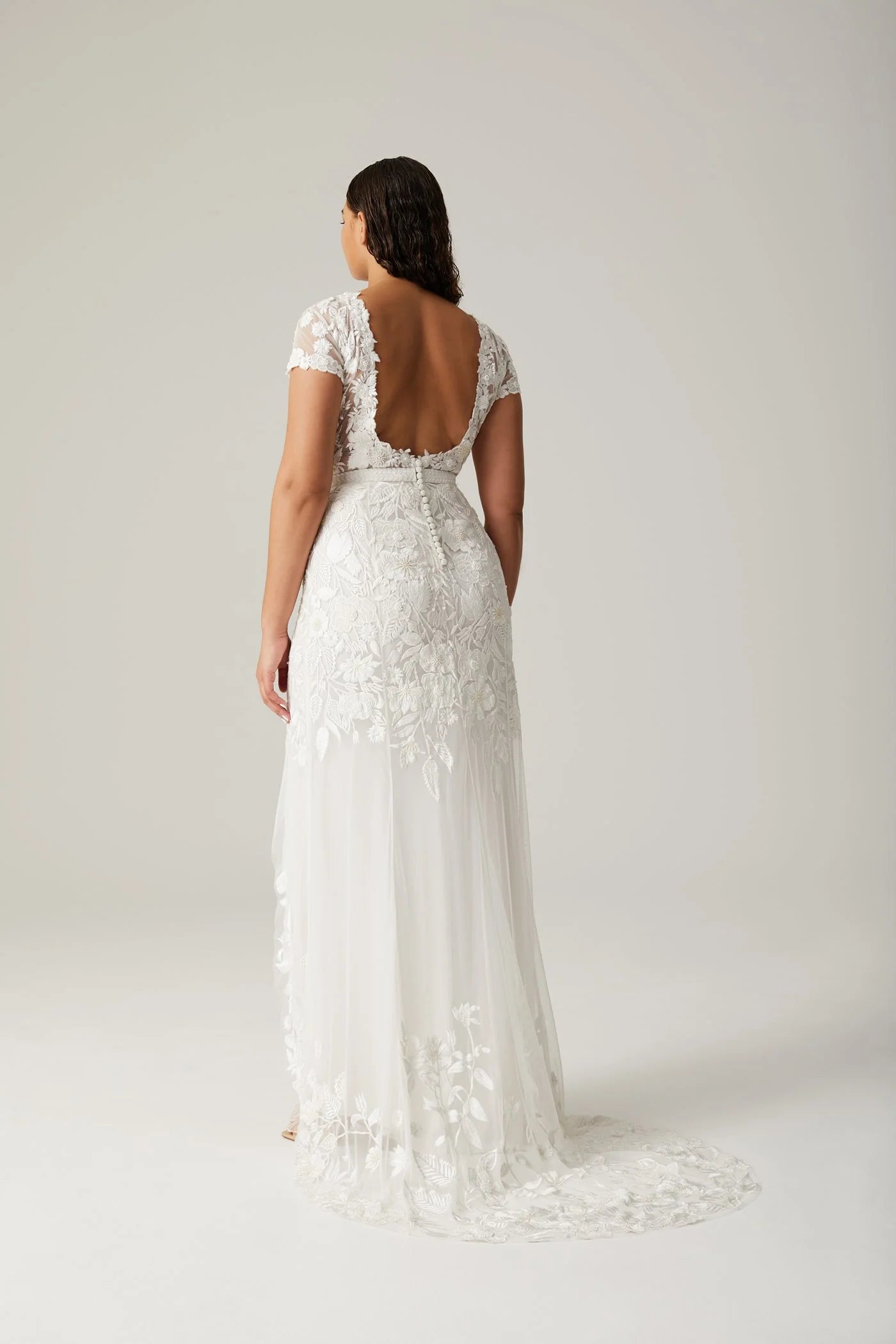 Wild Rose Open Back Cap Sleeve SL Gown Floral White