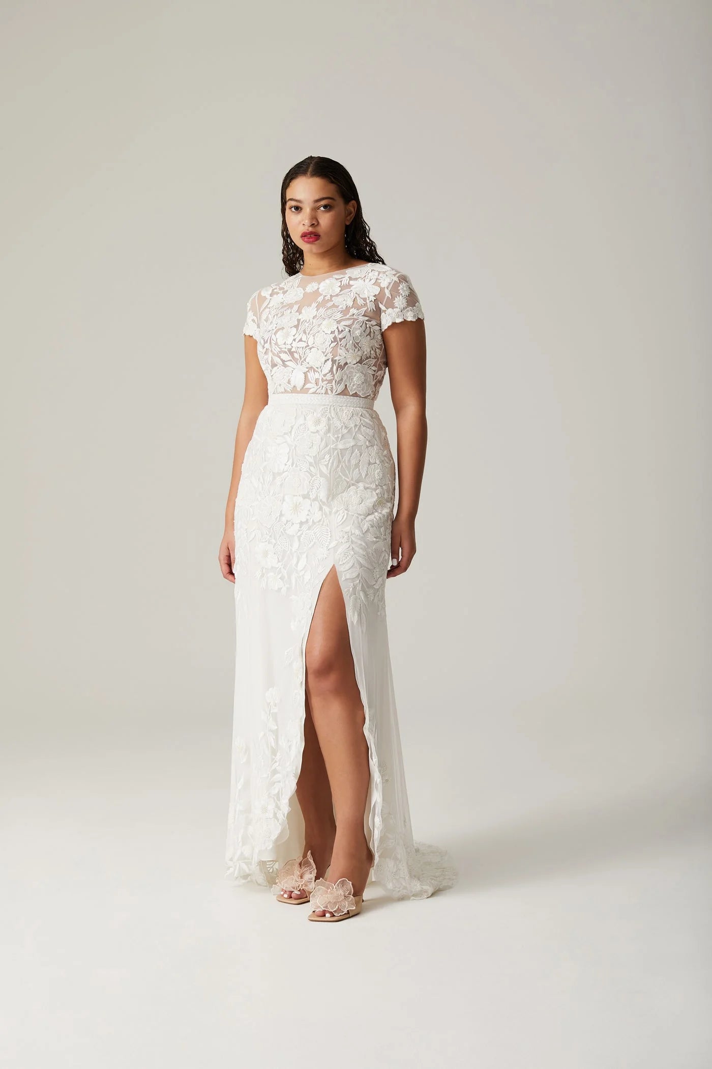 Wild Rose Open Back Cap Sleeve SL Gown Floral White