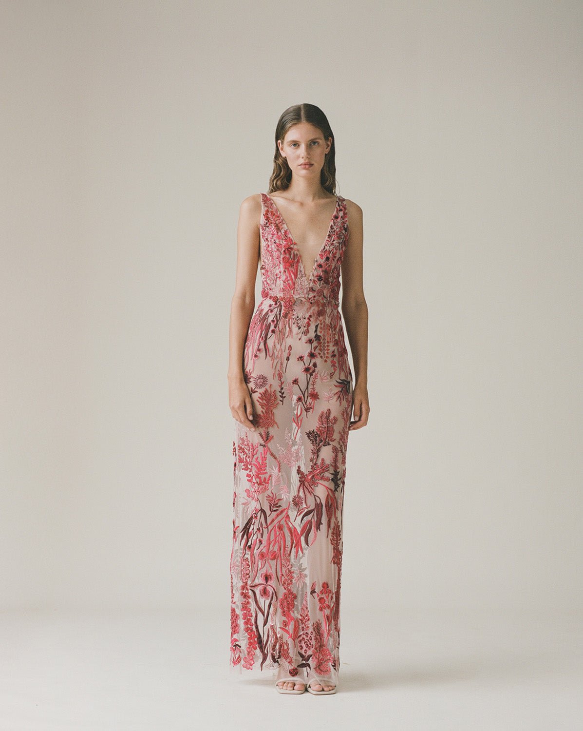 hermione-de-paula-Elevated Underwater Wildflower Column Gown Cranberry Red-botanical-couture