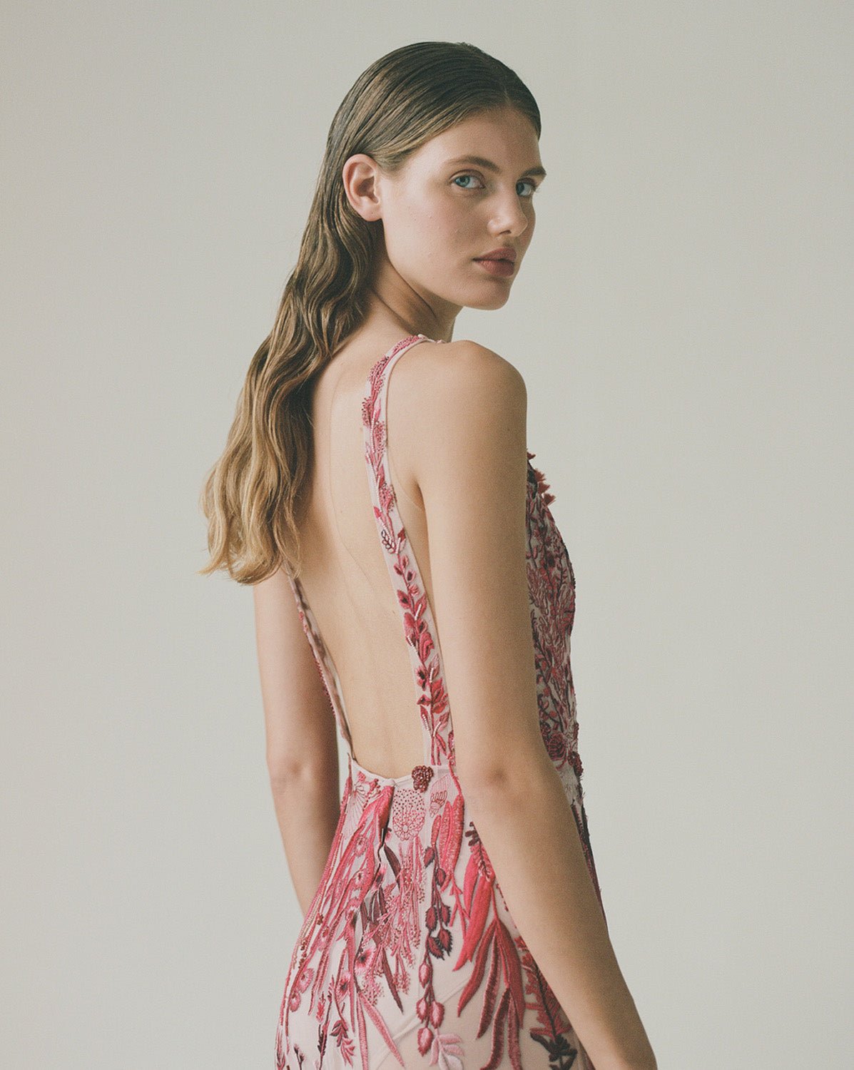 hermione-de-paula-Elevated Underwater Wildflower Column Gown Cranberry Red-botanical-couture