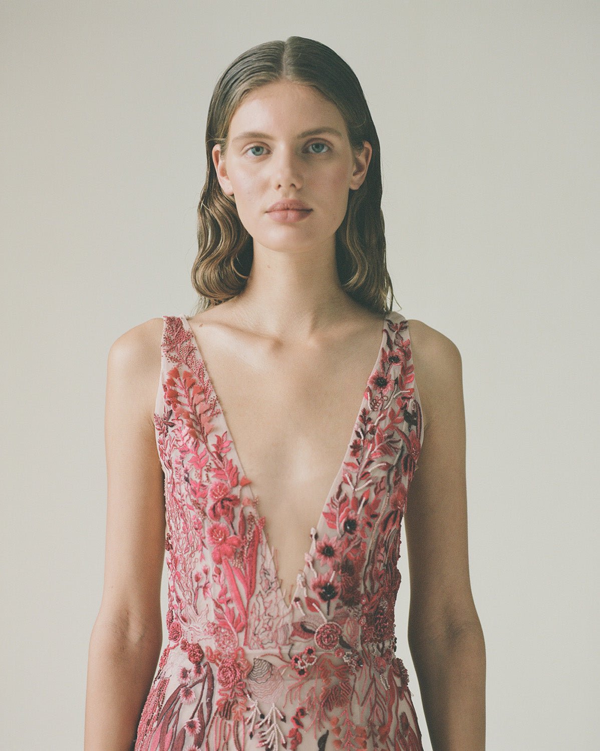 hermione-de-paula-Elevated Underwater Wildflower Column Gown Cranberry Red-botanical-couture