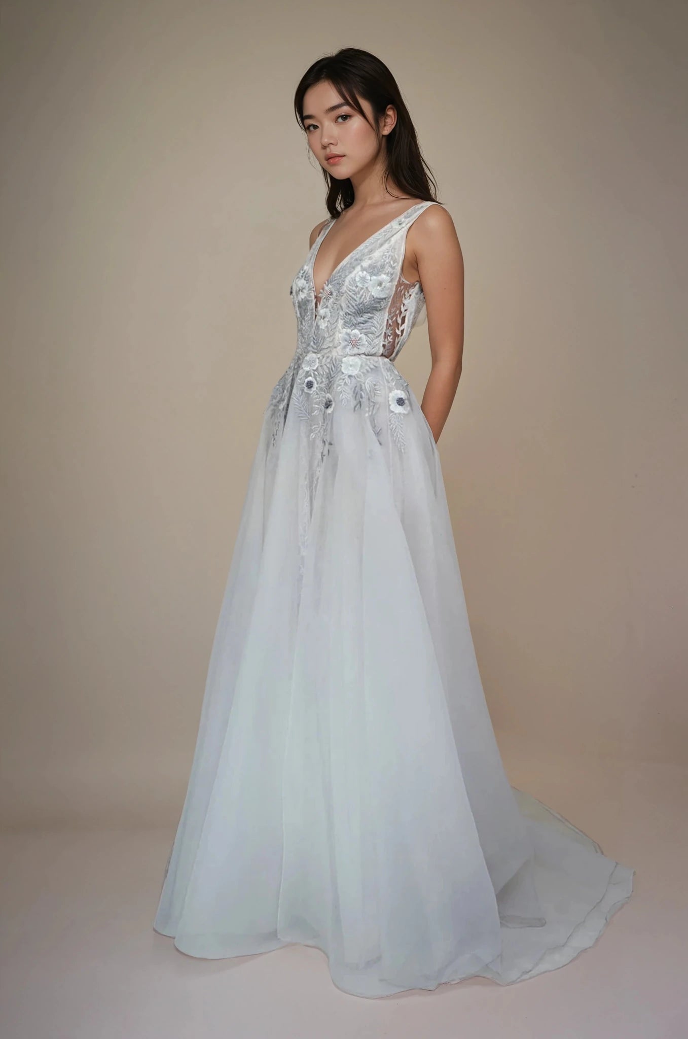 hermione - de - paula - Fern and Rose Illusion V Organza & Tulle SL Gown Moon Rock - botanical - couture