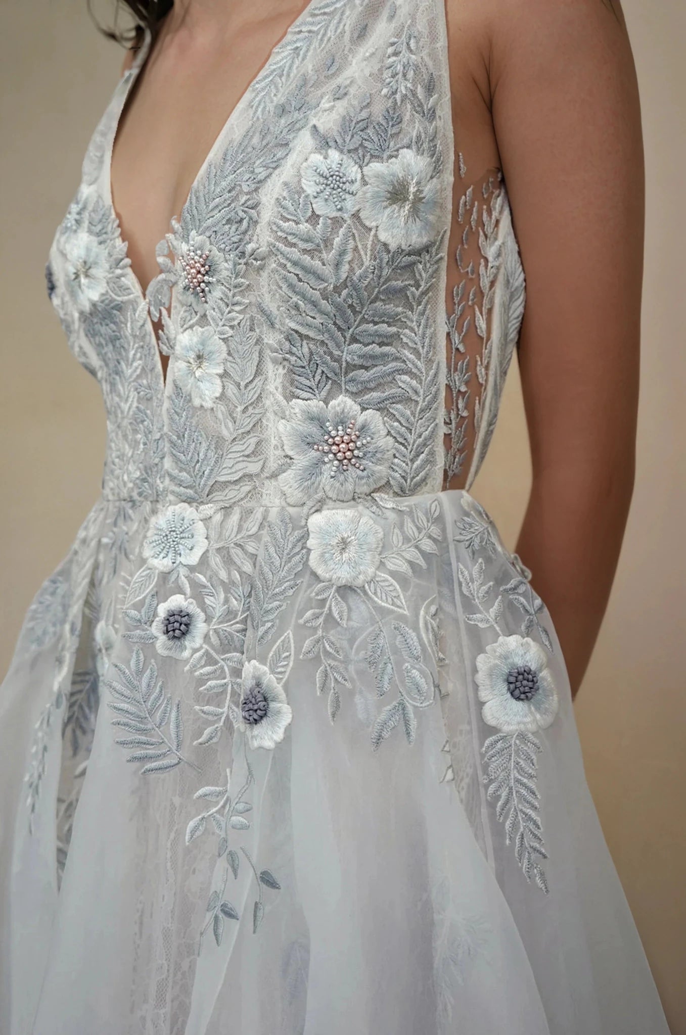 hermione - de - paula - Fern and Rose Illusion V Organza & Tulle SL Gown Moon Rock - botanical - couture