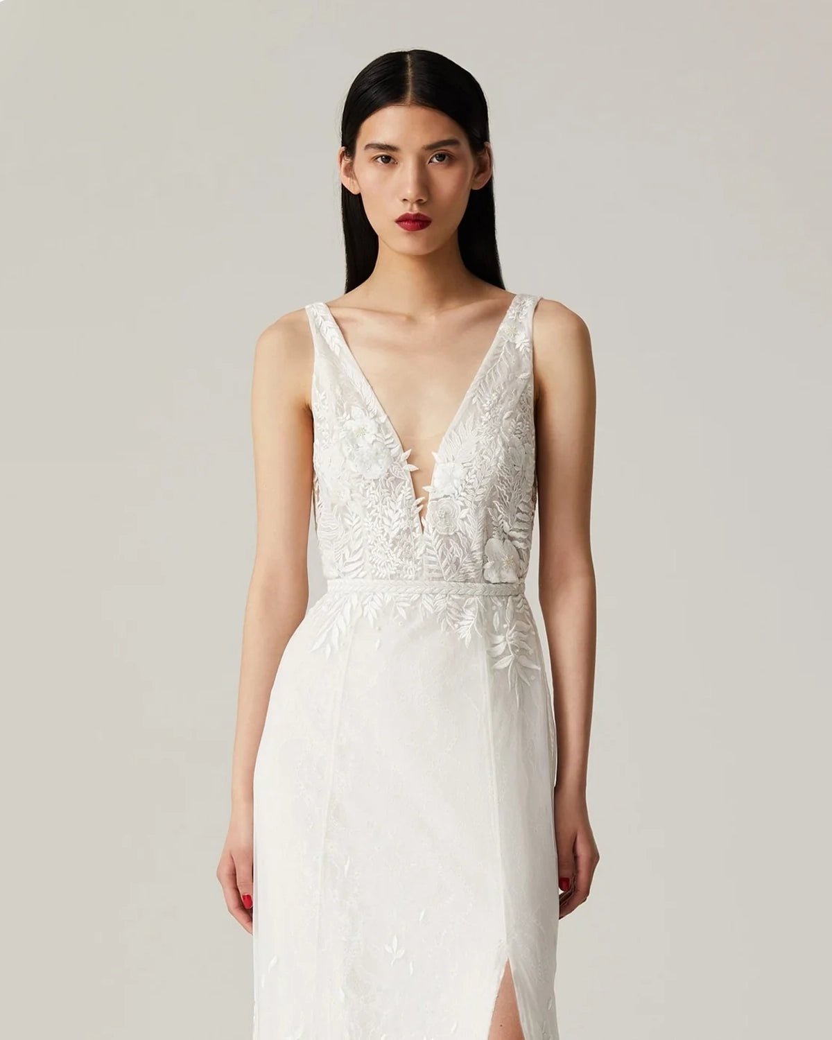 hermione-de-paula-Fern and Rose Slim Fit Illusion V Open Square Back Forest Hem Gown | Floral White-botanical-couture