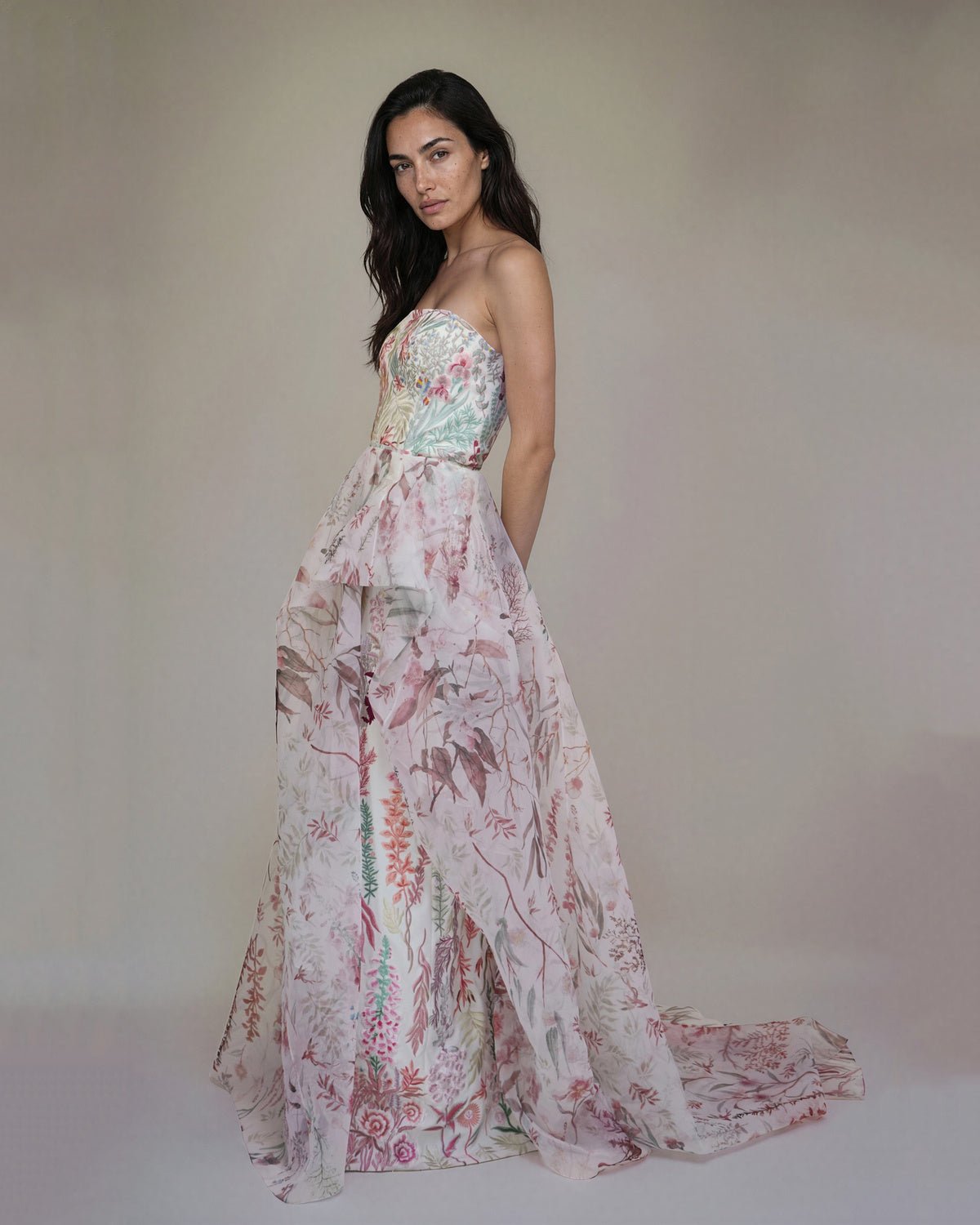 Underwater Wildflower Bustier Silk Crepe Column Gown Blush by Hermione de Paula, hand-embroidered couture bridal - view 1