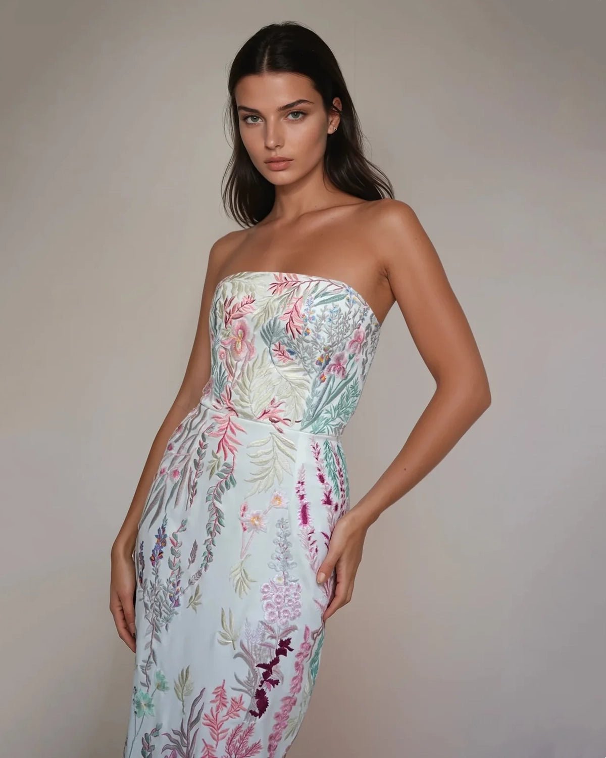 hermione-de-paula-Underwater Wildflower Bustier Silk Crepe Column Gown | Blush-botanical-couture