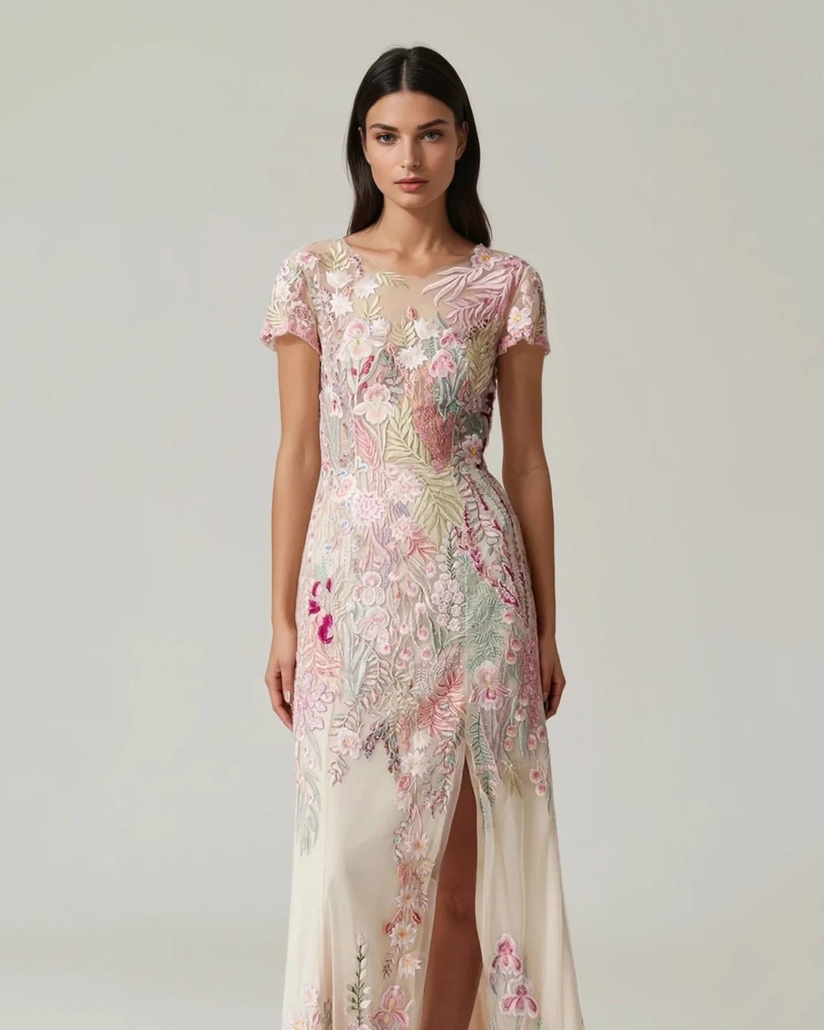 hermione-de-paula-Underwater Wildflower Crepe Bustier Cap Sleeve Gown | Blush-botanical-couture