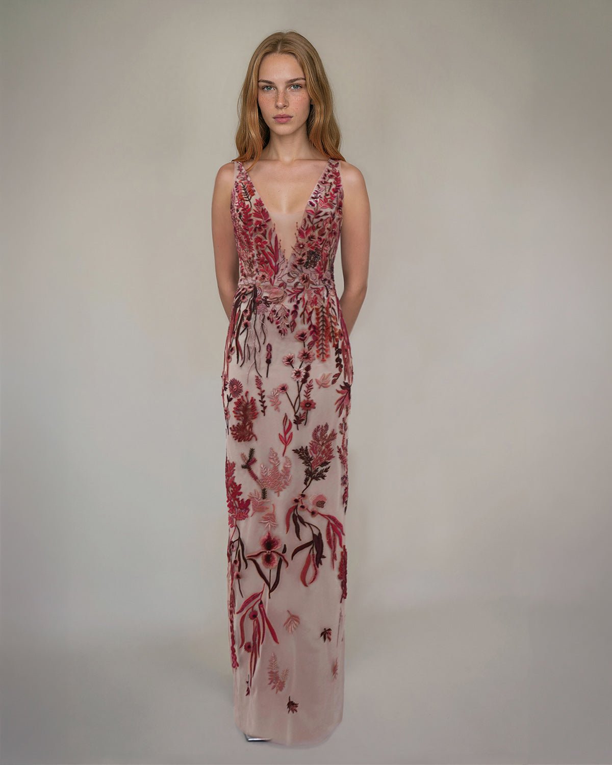 hermione-de-paula-Underwater Wildflower Silk Lined Column Gown Cranberry Red-couture-bridal-ready-to-wear