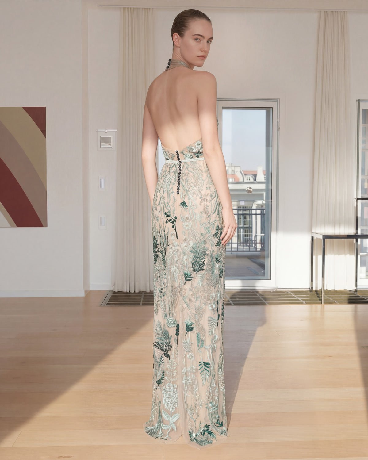 hermione-de-paula-Underwater Wildflower Silk Lined Halter Neck Column Gown Sea Glass-couture-bridal-ready-to-wear