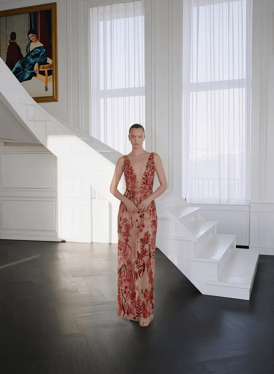 hermione - de - paula - Underwater Wildflower SL Column Gown Cranberry Red - botanical - couture