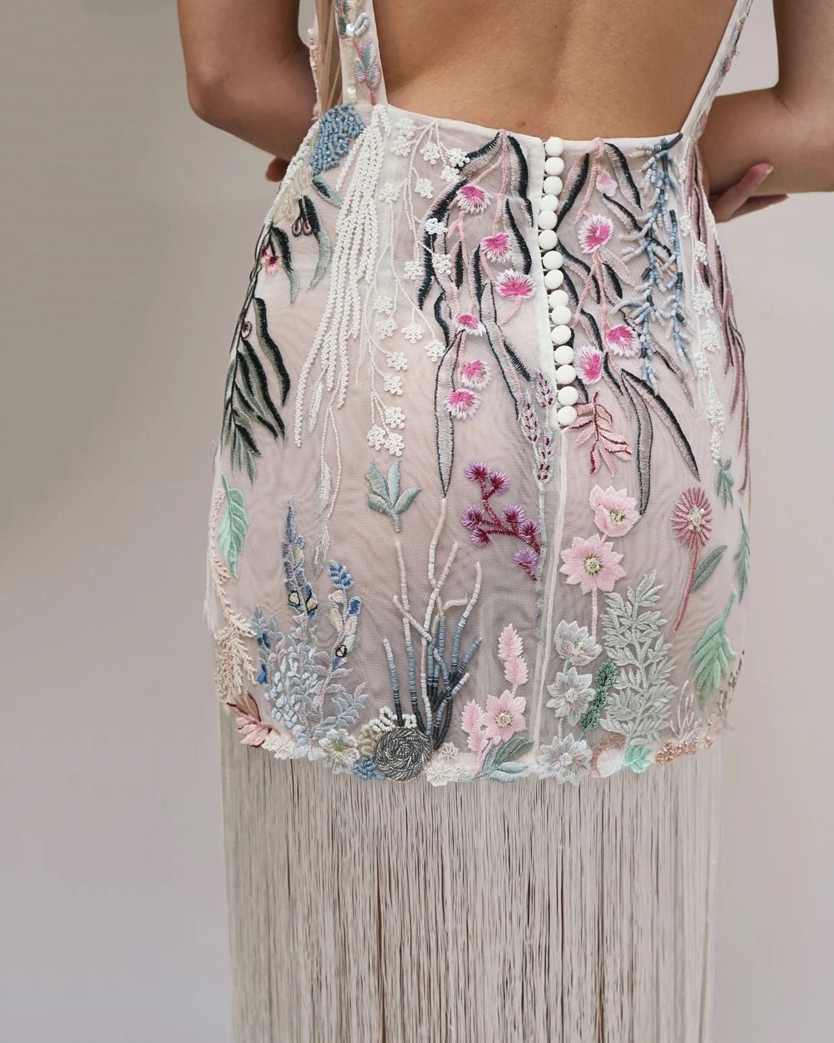 hermione-de-paula-Underwater Wildflower Tassel Mini Gown | Midnight-botanical-couture