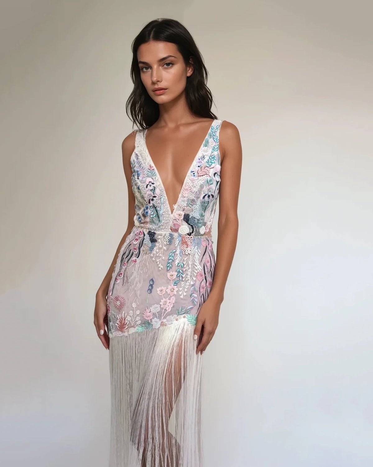 hermione-de-paula-Underwater Wildflower Tassel Mini Gown | Midnight-botanical-couture