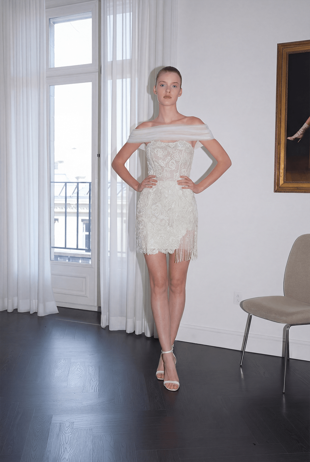 hermione - de - paula - Wild Rose Pearl Beaded Tassel SL Mini Gown Floral White - botanical - couture