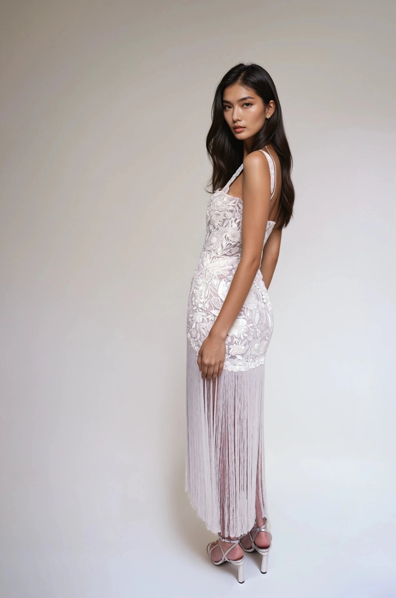 hermione - de - paula - Wild Rose Square Neck SL Tassel Mini Gown Floral White - botanical - couture