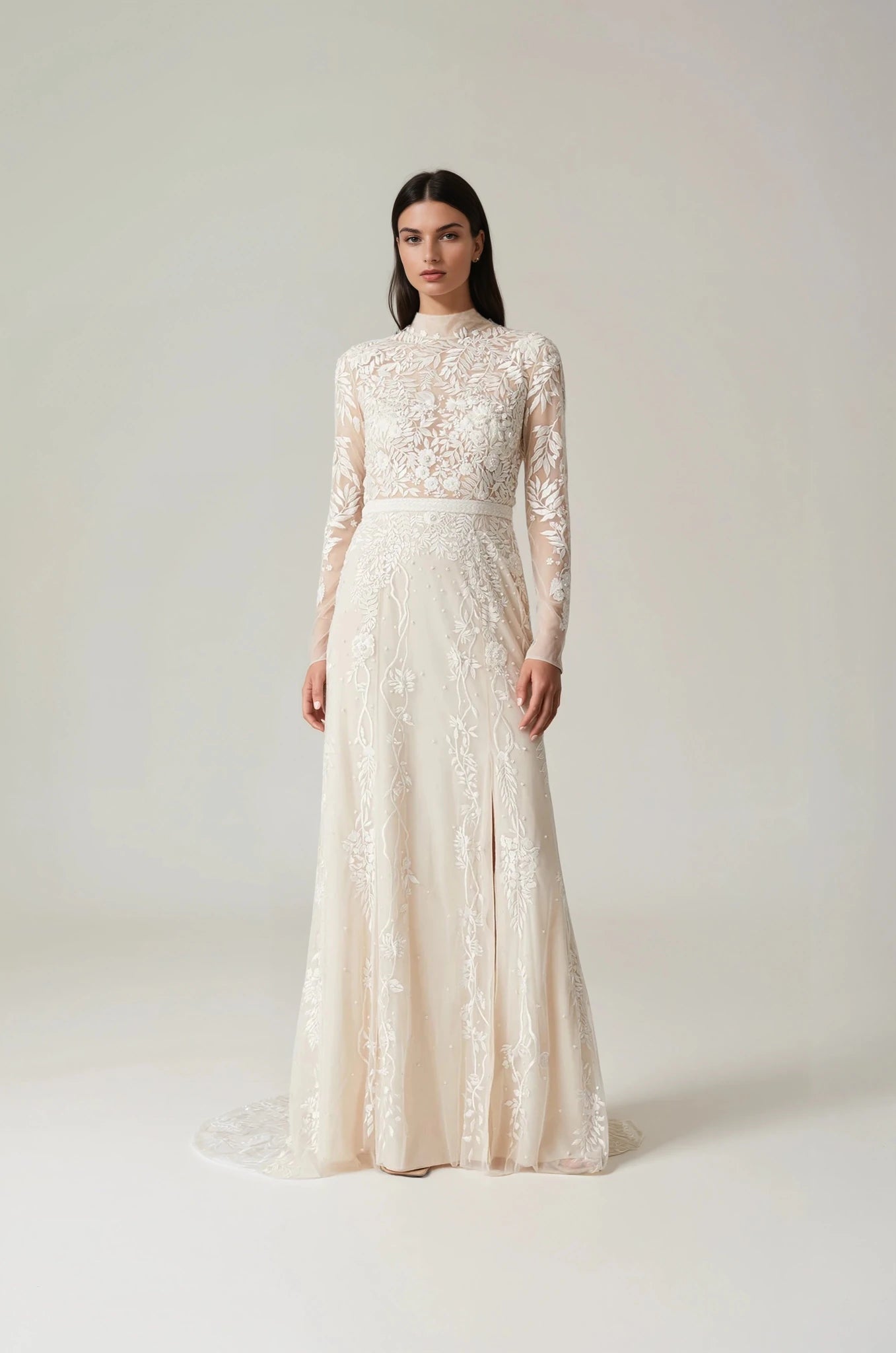 hermione - de - paula - Wisteria Collar Open Back Long Sleeve SL Gown Rosewater - botanical - couture
