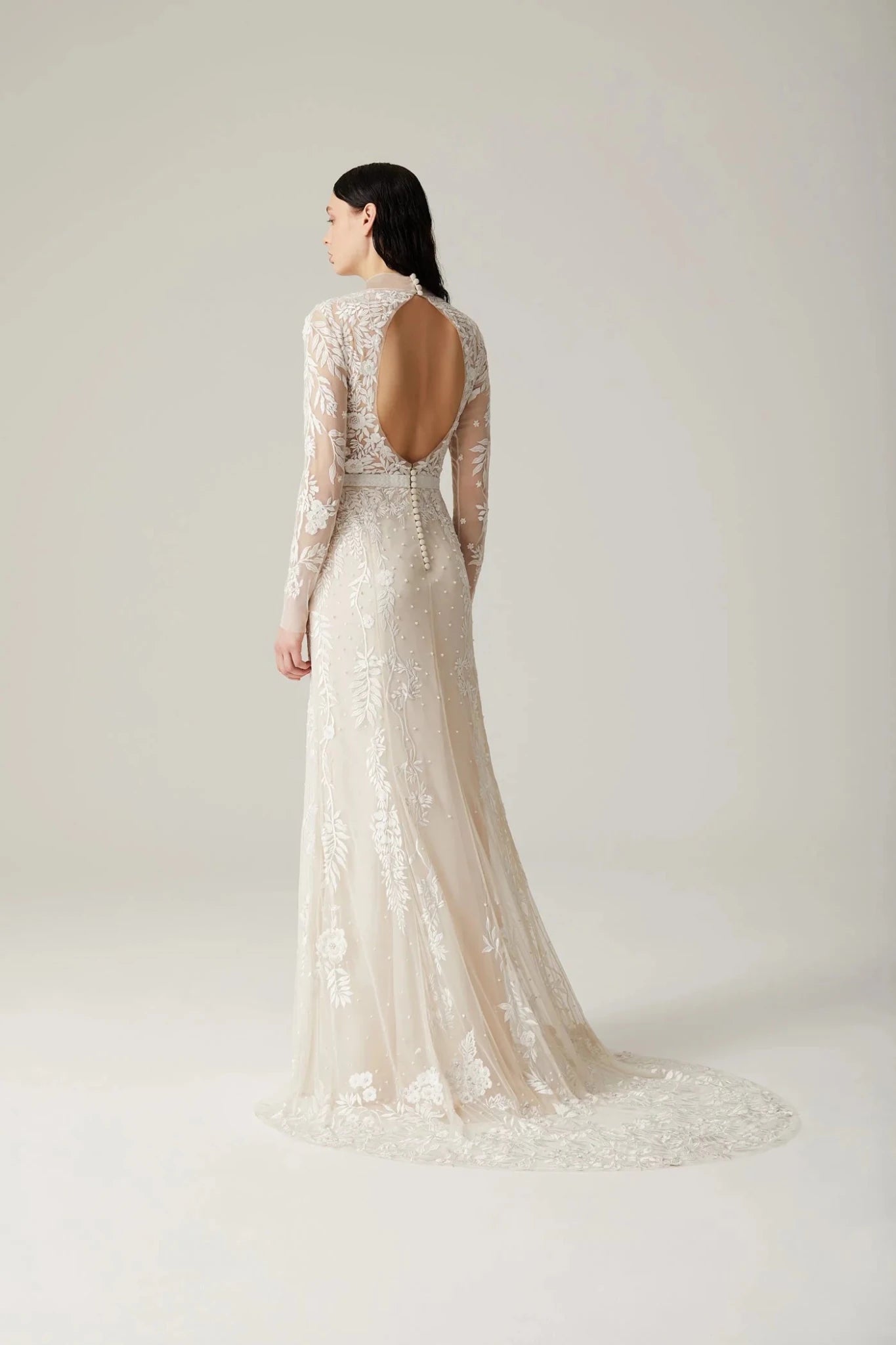 hermione - de - paula - Wisteria Collar Open Back Long Sleeve SL Gown Rosewater - botanical - couture