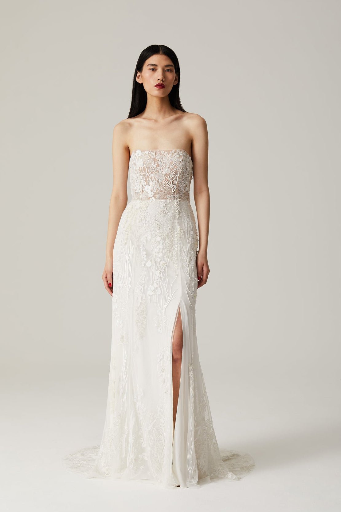hermione-de-paula-Seascape Straight Bodice SL Gown Moonlight White-botanical-couture
