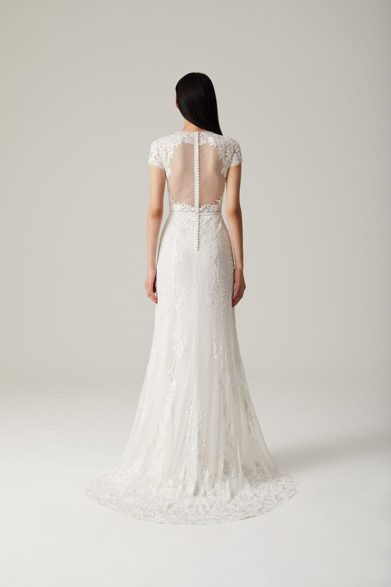 hermione - de - paula - Wisteria Back Button Cap Sleeve SL Gown Floral White - botanical - couture