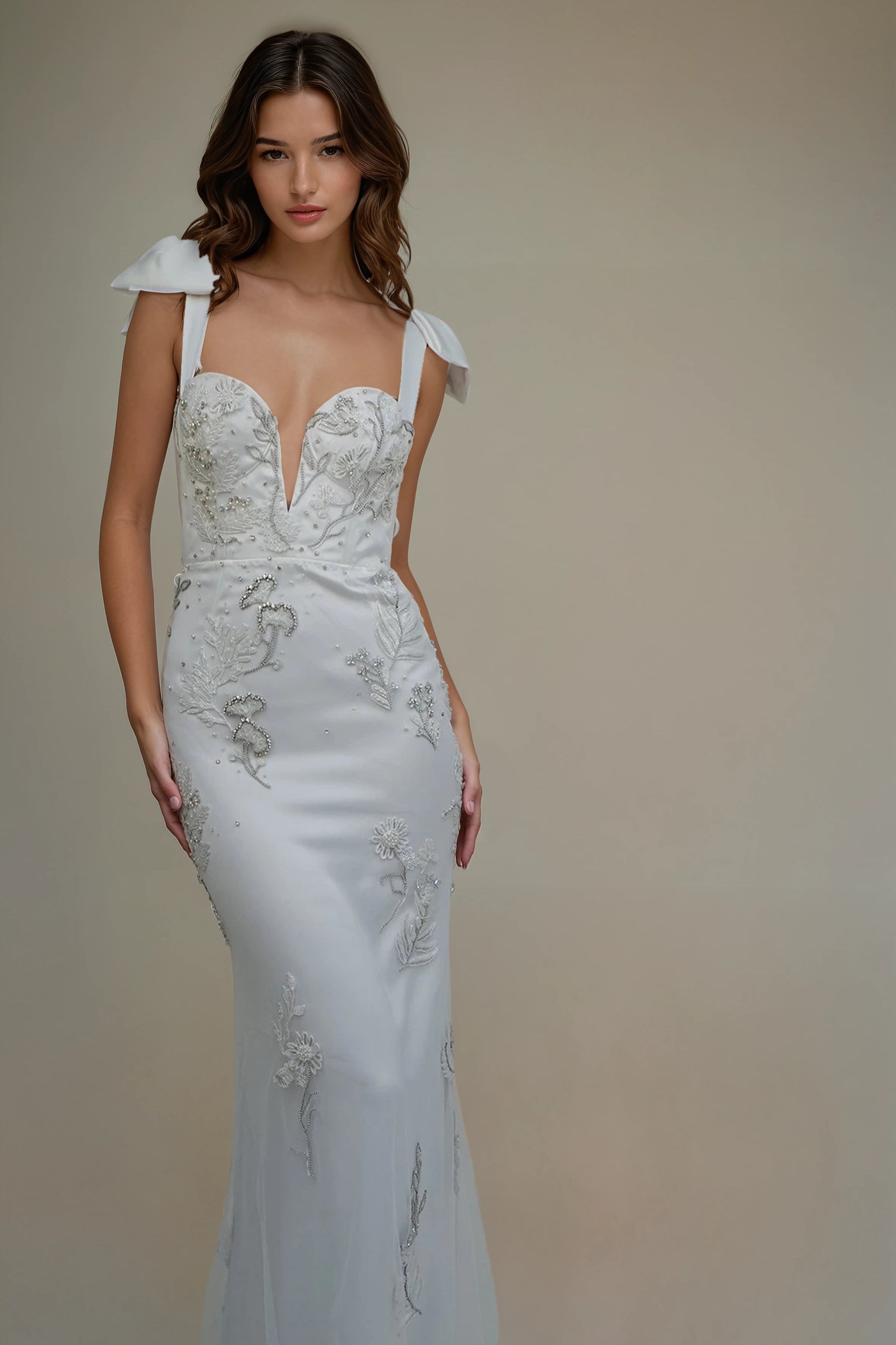 Archive Lunar Garden Cupped Deep V Gown with Satin Bow Straps