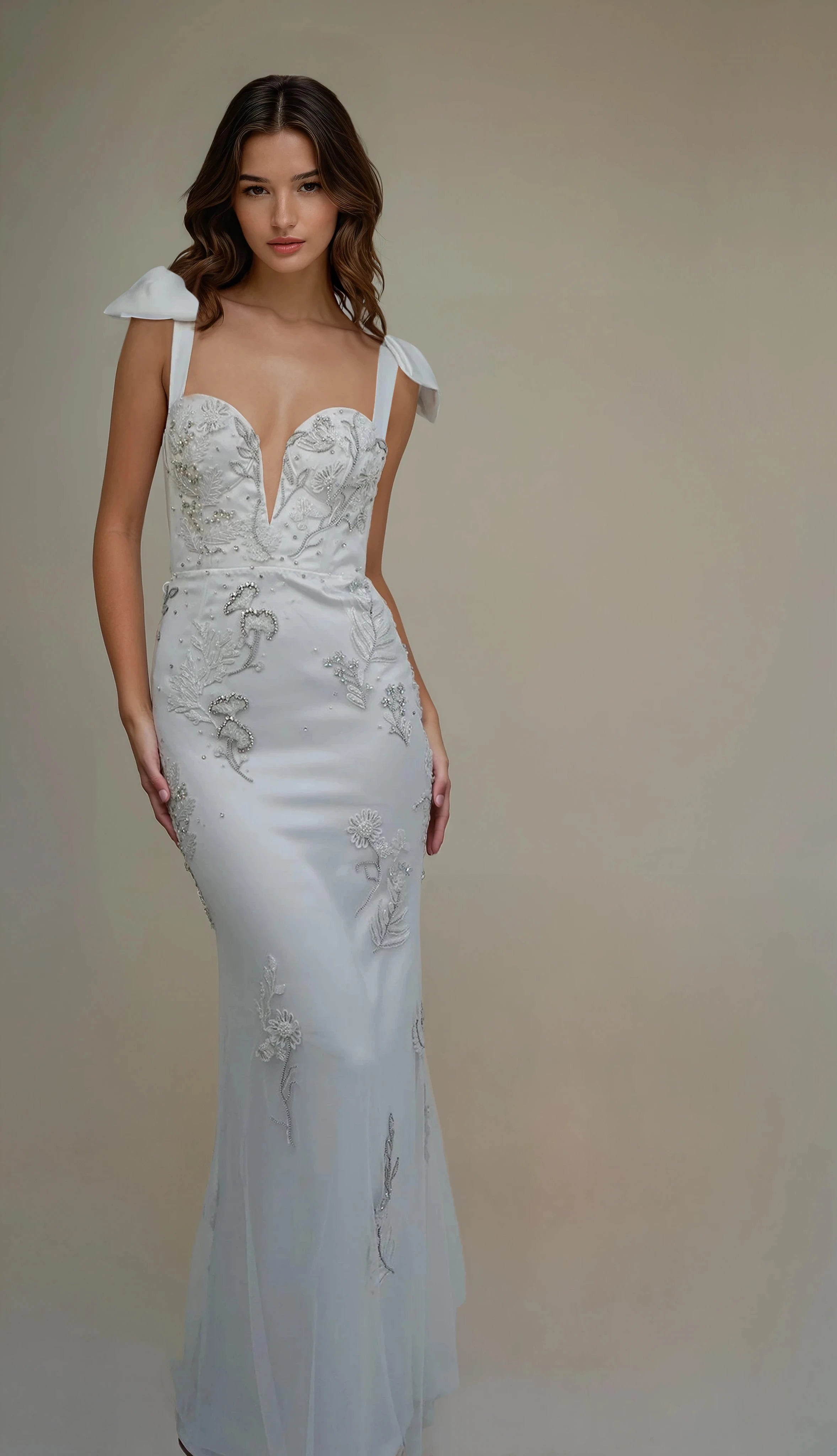 Archive Lunar Garden Cupped Deep V Gown with Satin Bow Straps