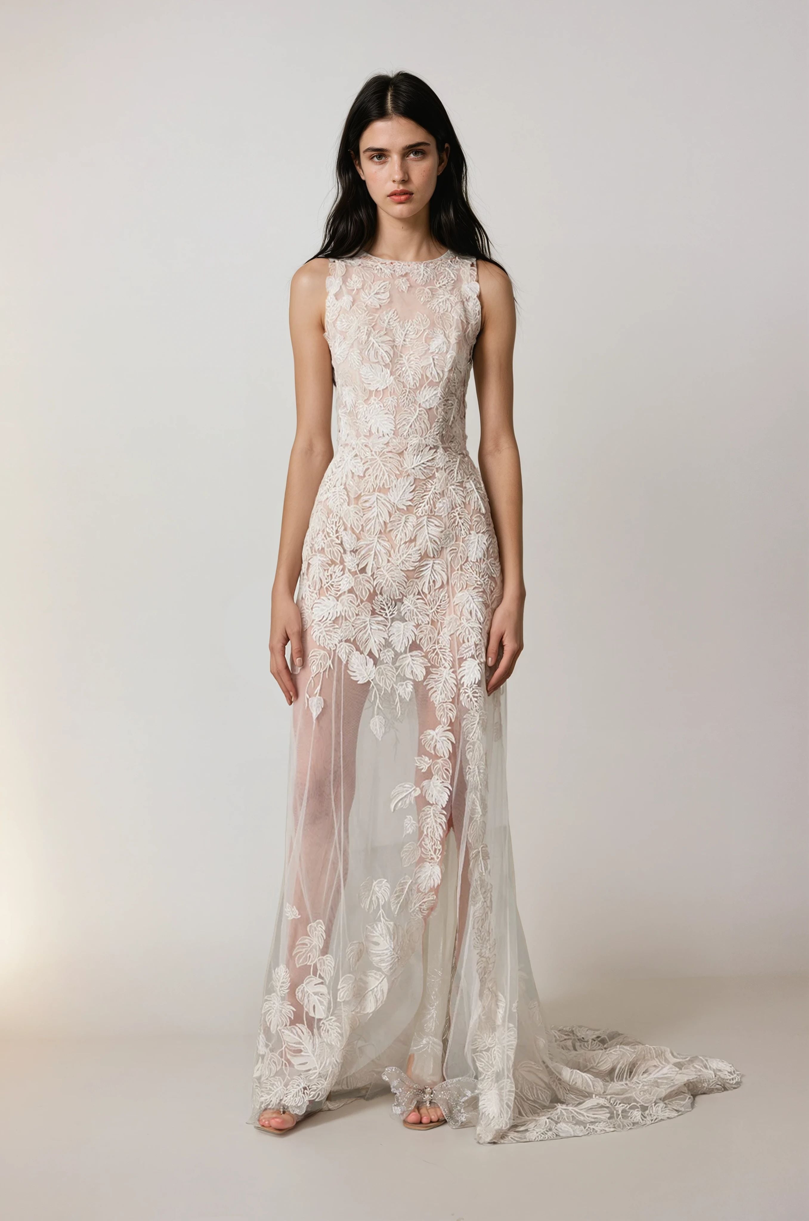 Monstera Eclipse Unlined Racer Neck Gown Floral White
