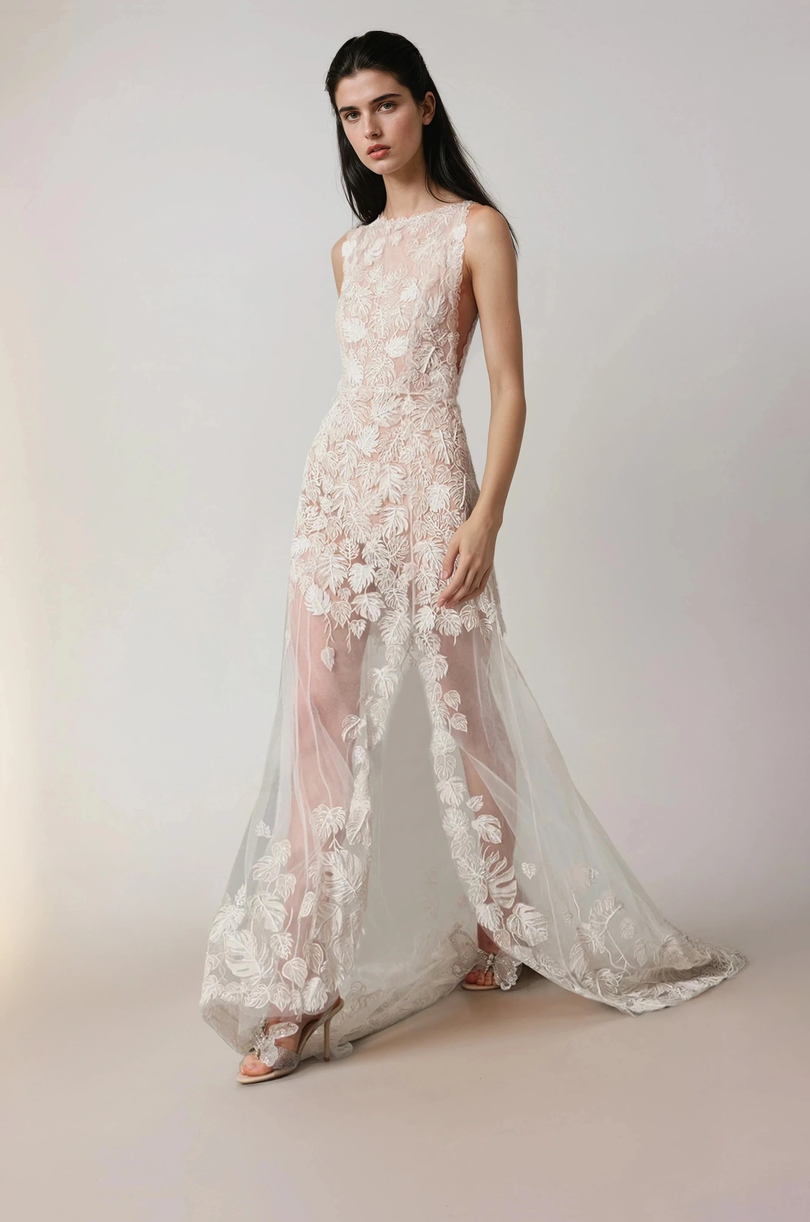 Monstera Eclipse Unlined Racer Neck Gown Floral White