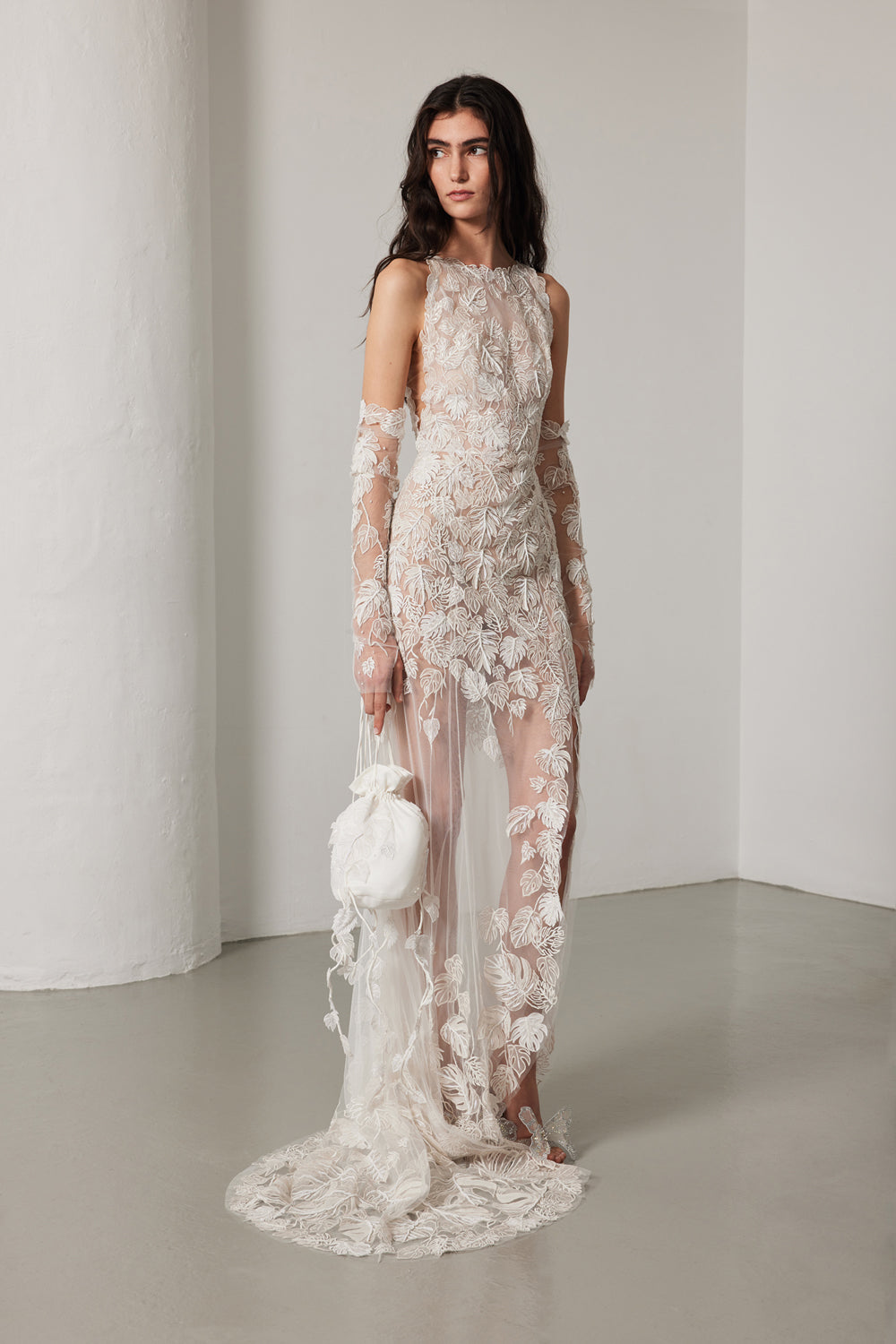 Monstera Eclipse Unlined Racer Neck Gown Floral White