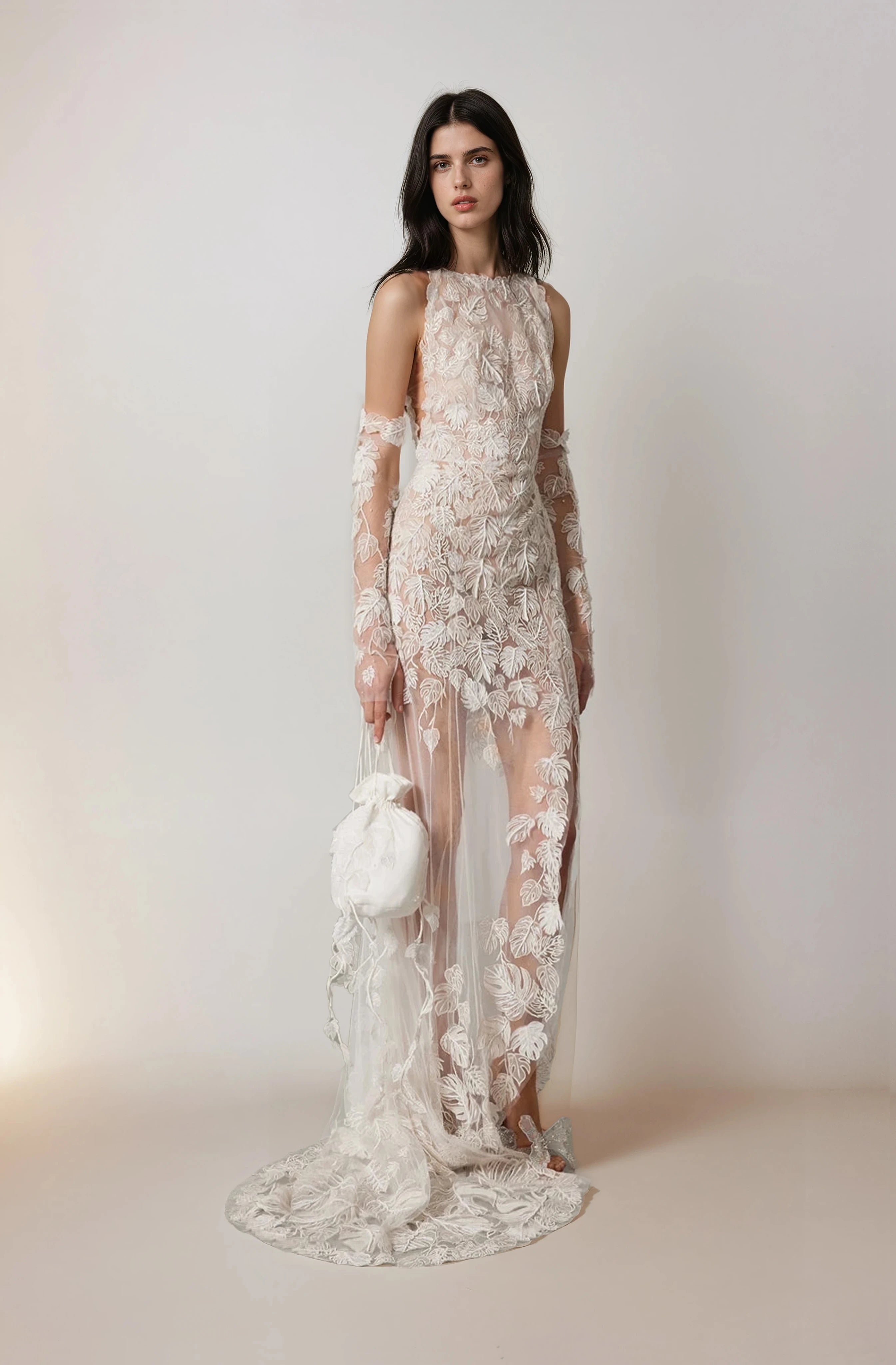 Monstera Eclipse Unlined Racer Neck Gown Floral White