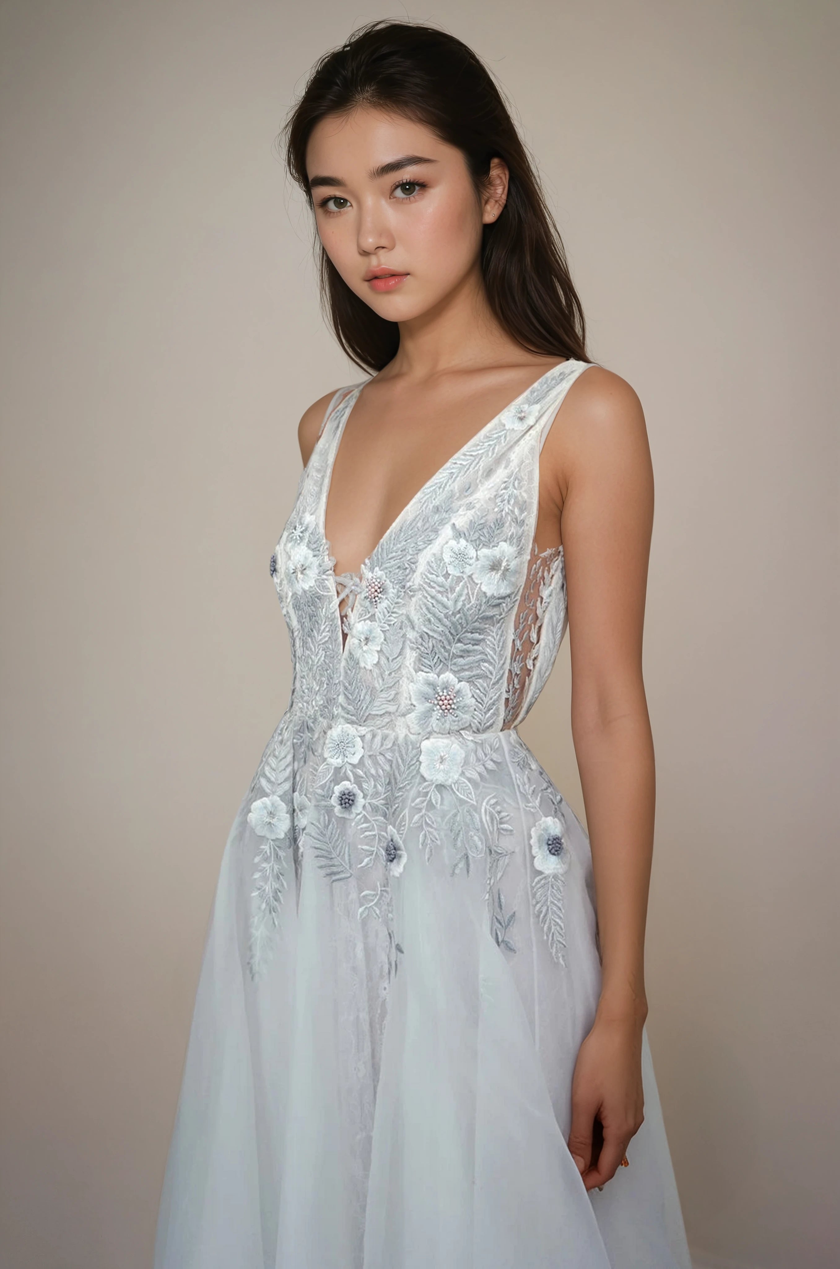 Fern and Rose Illusion V Organza & Tulle SL Gown Moon Rock