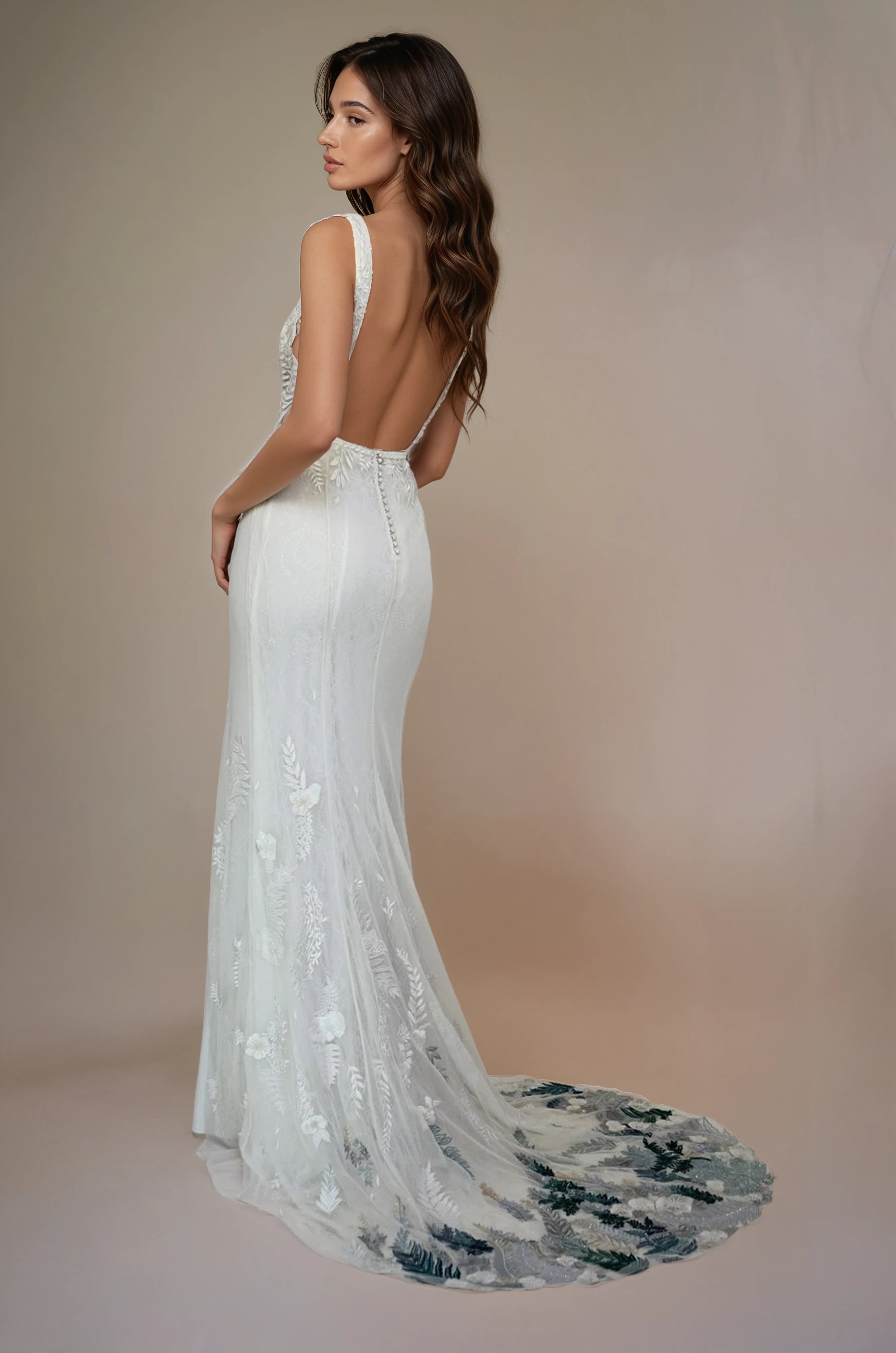 Archive Fern and Rose Slim Fit Gown with Deep V Illusion Neckline & Forest Green Sage Hem