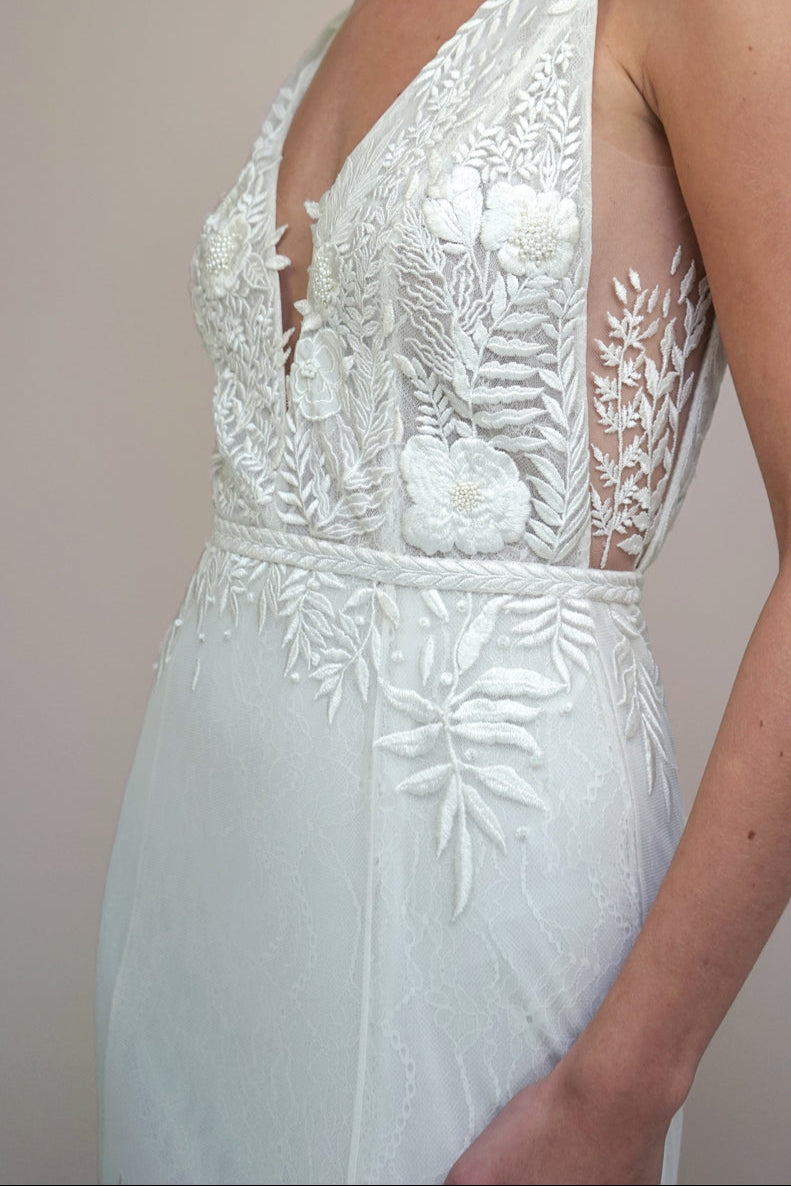 Archive Fern and Rose Slim Fit Gown with Deep V Illusion Neckline & Forest Green Sage Hem