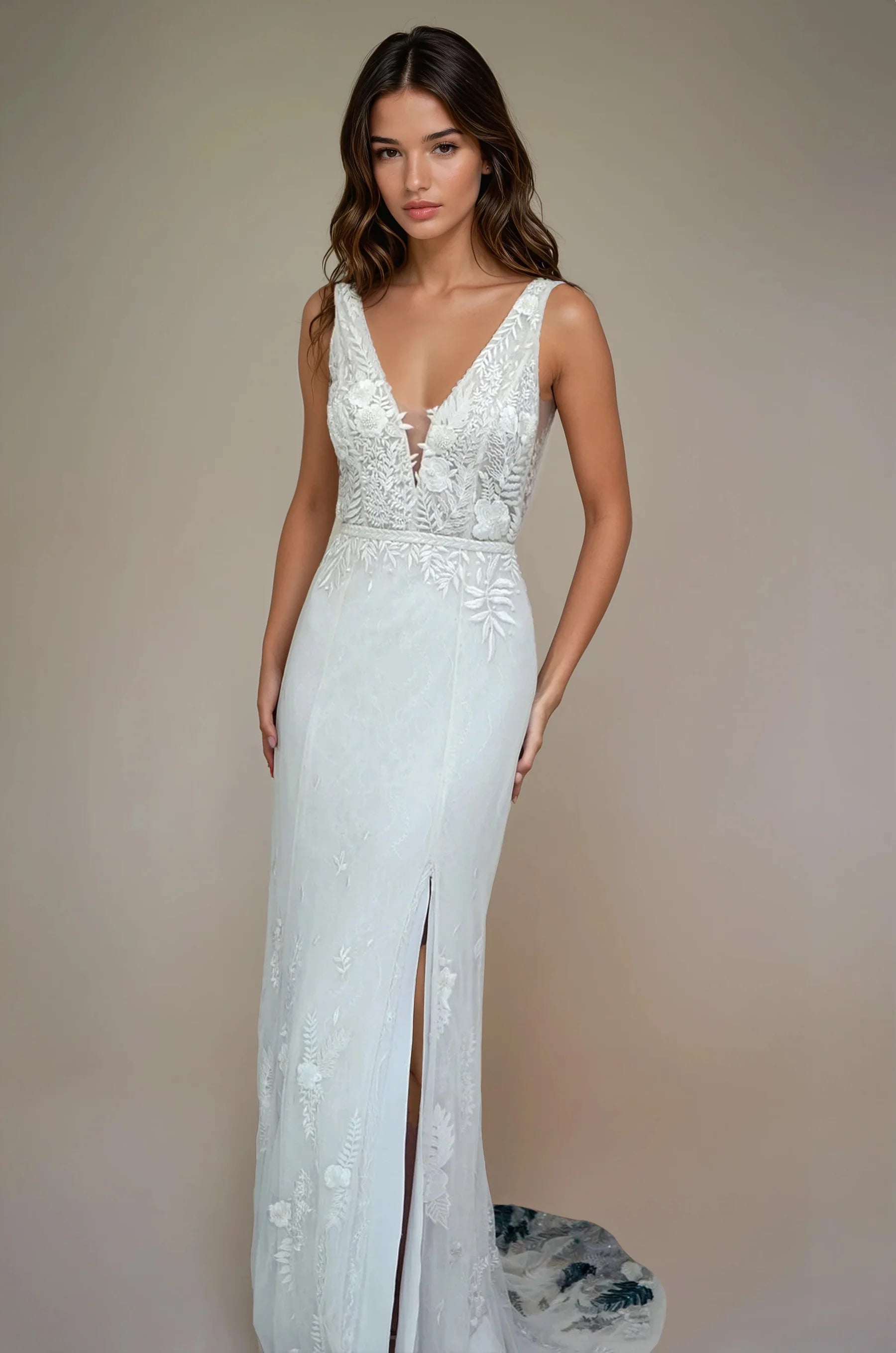 Archive Fern and Rose Slim Fit Gown with Deep V Illusion Neckline & Forest Green Sage Hem