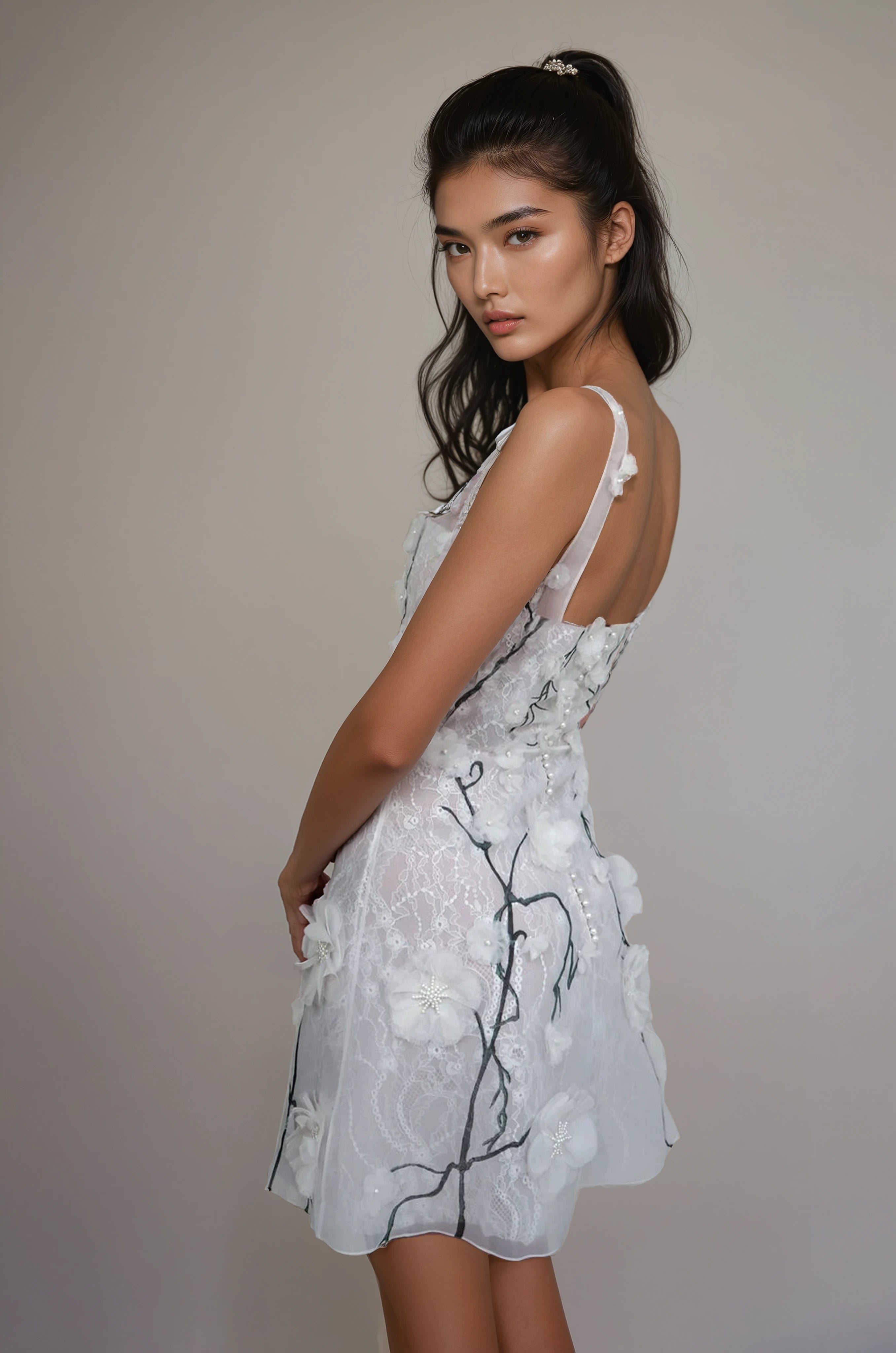 3D Blossom Vine Dip Neck SL Mini Gown Floral White Vine