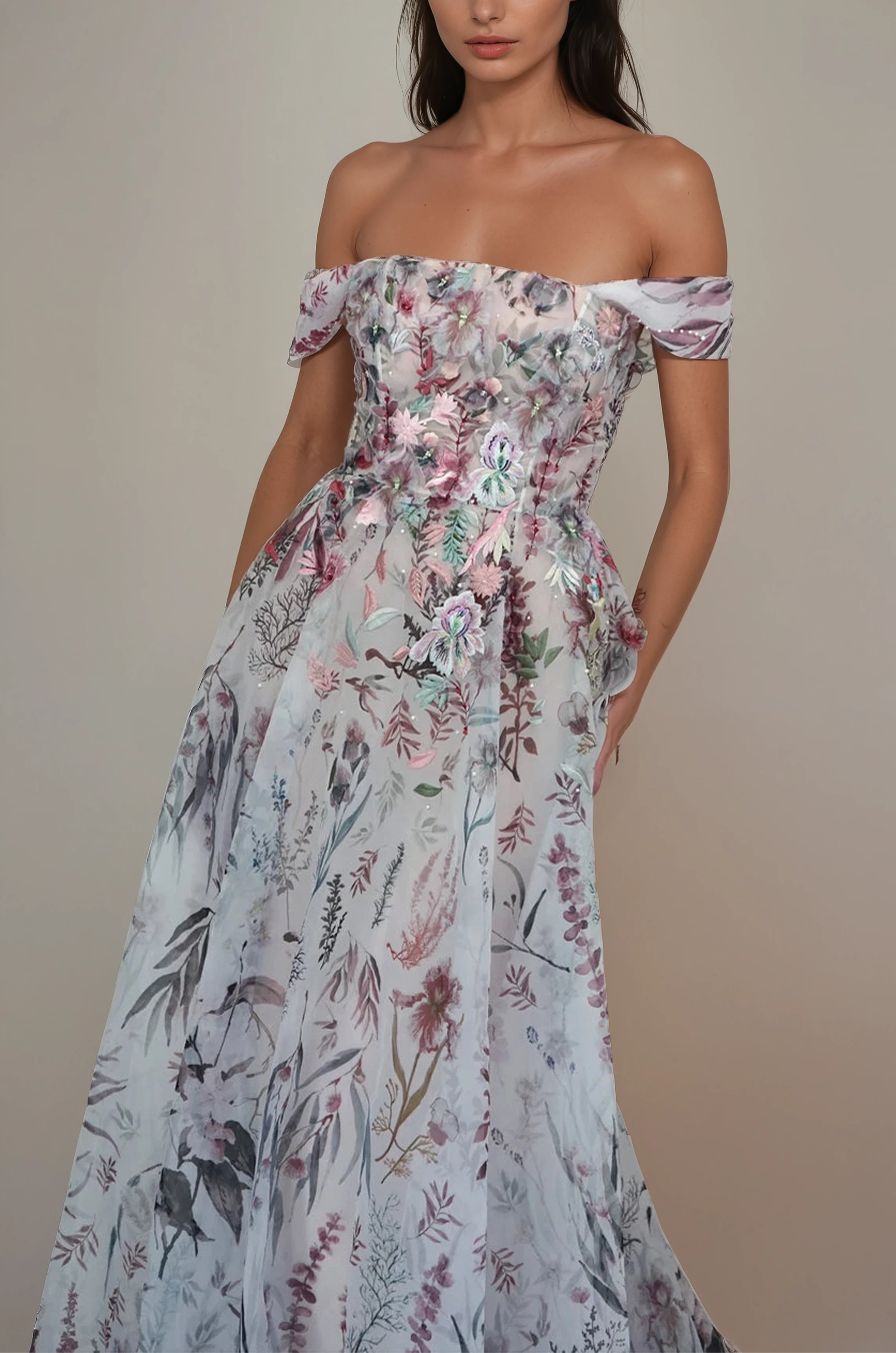 Printed Underwater Wildflower SL Gown With 3D Elements Midnight