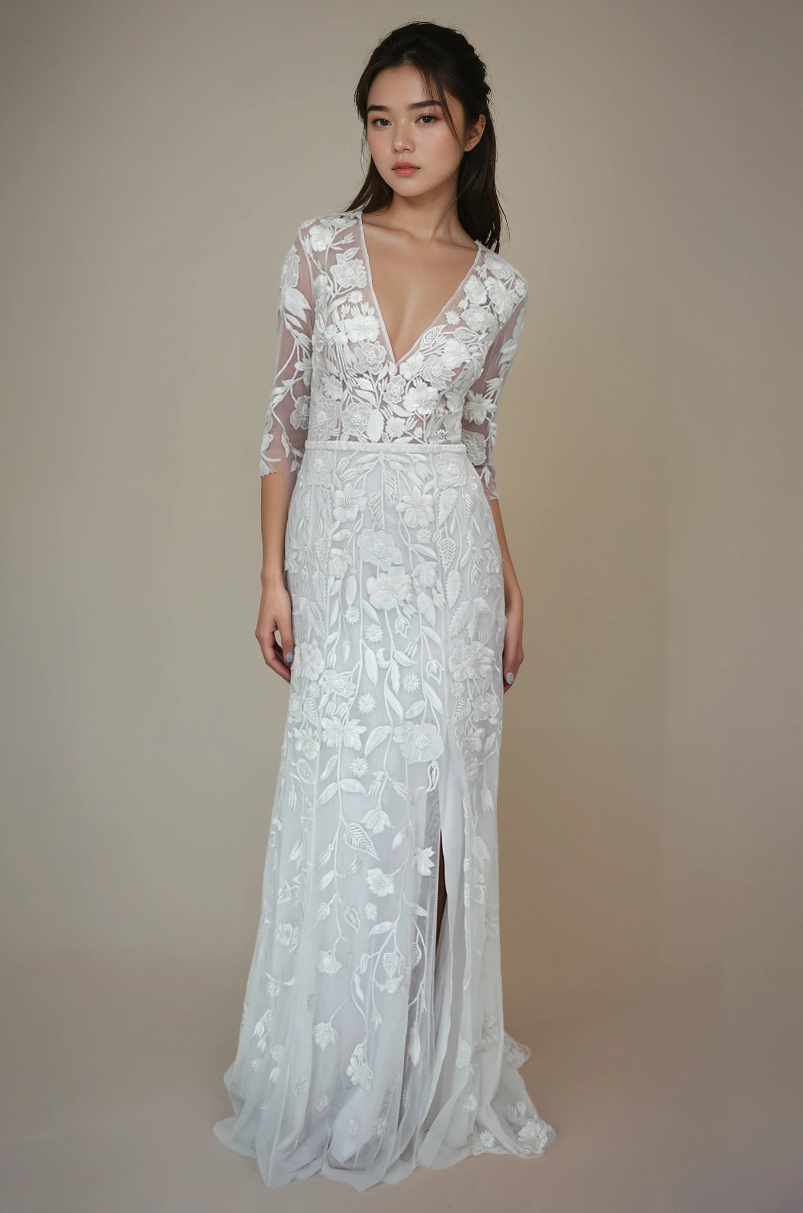Wild Rose Deep V 3/4 Sleeve SL Gown Floral White