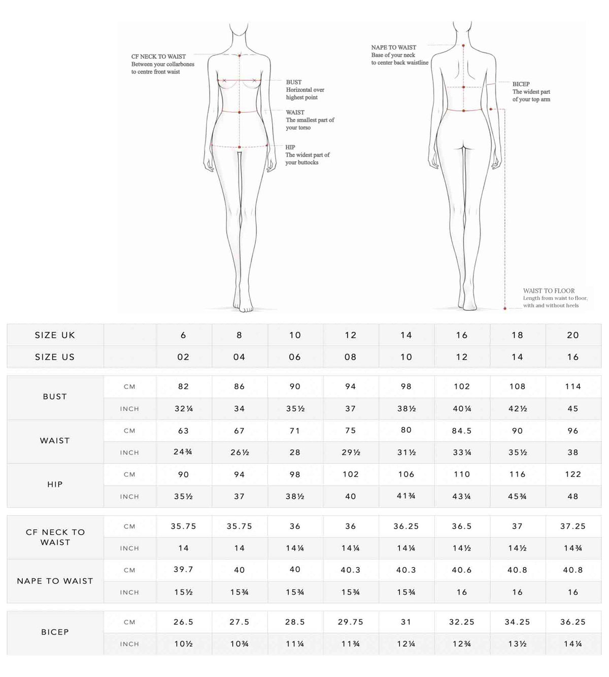 Hermione de Paula body measurement diagram and size chart, UK sizes 6 to 20 with bust, waist, hip and length measurements