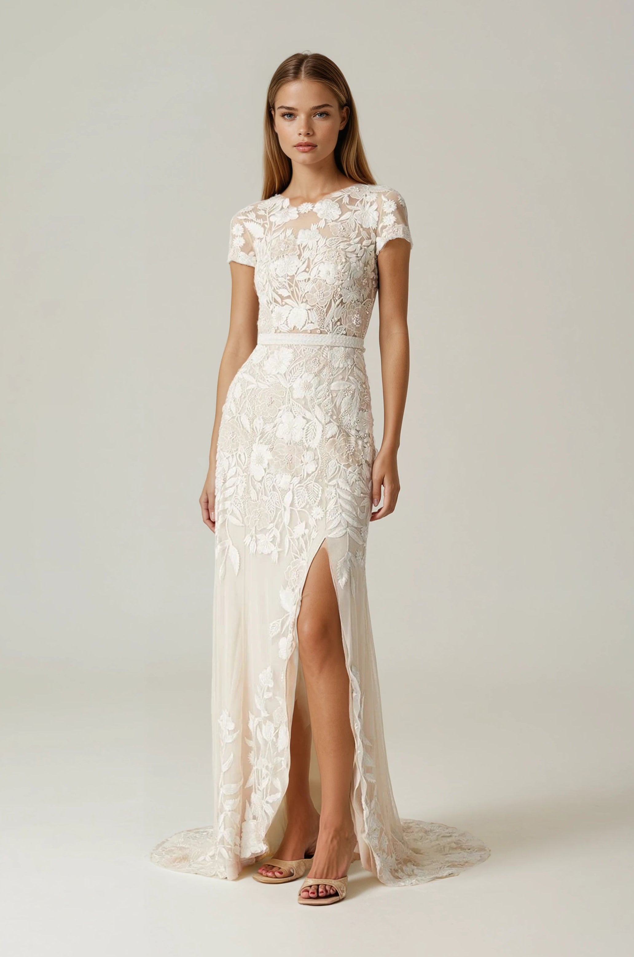 Archive Wild Rose Garden Gown With Open Back Detail in Seashell Blush with Beaded Infill