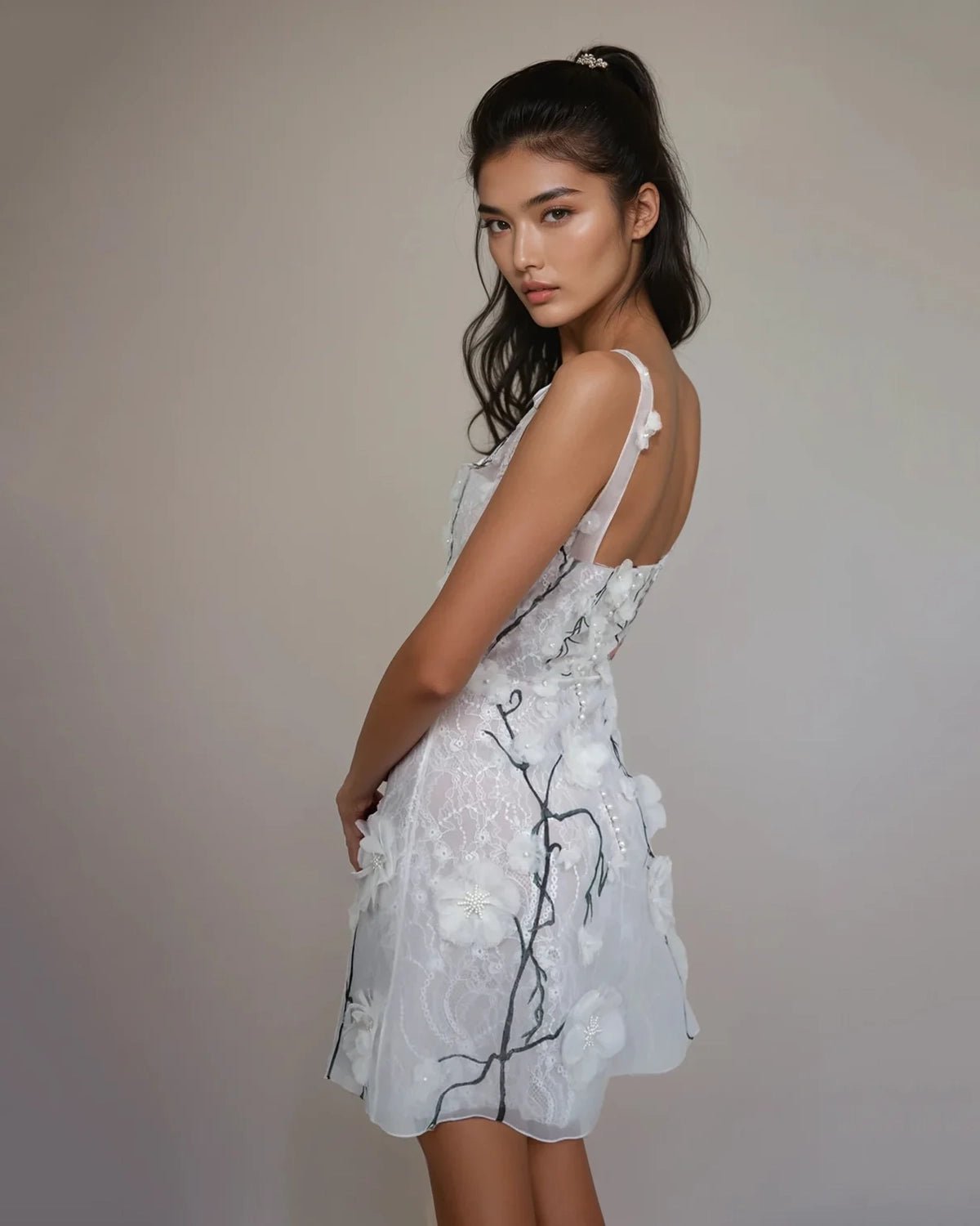 hermione-de-paula-3D Blossom Vine Dip Neck Mini Gown | Floral White Vine-botanical-couture