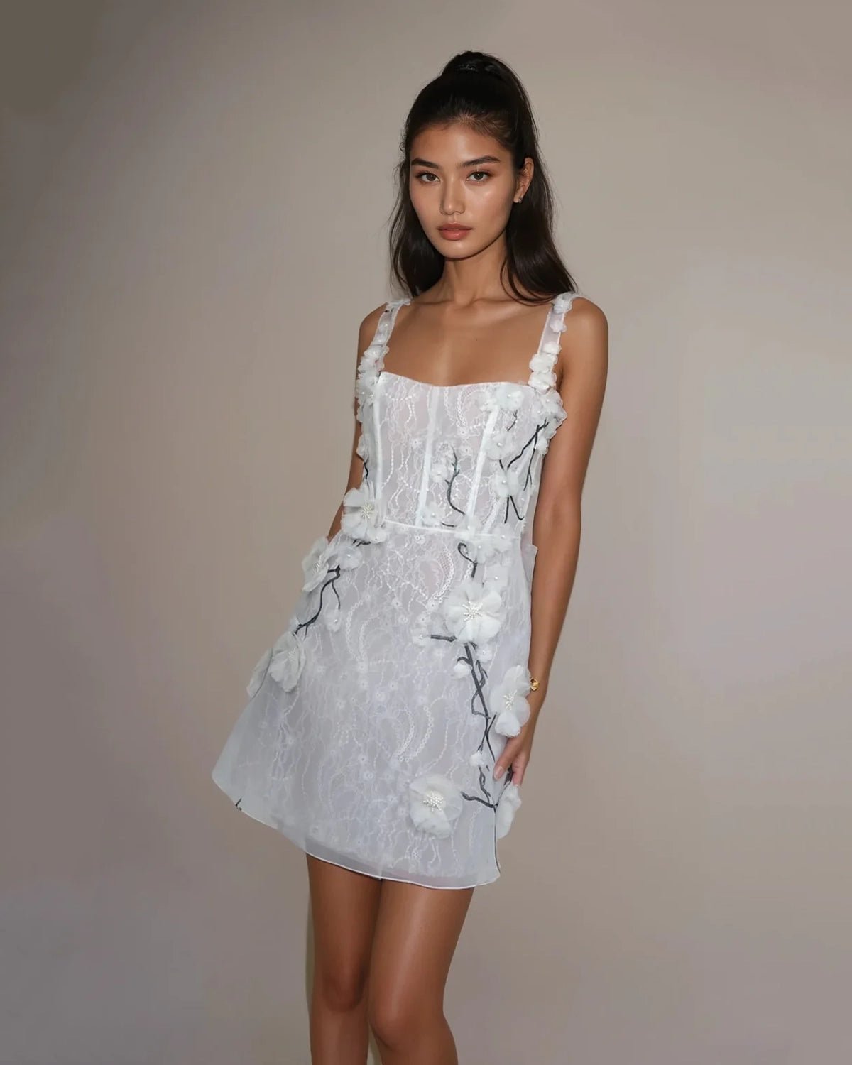 hermione-de-paula-3D Blossom Vine Dip Neck Mini Gown | Floral White Vine-botanical-couture