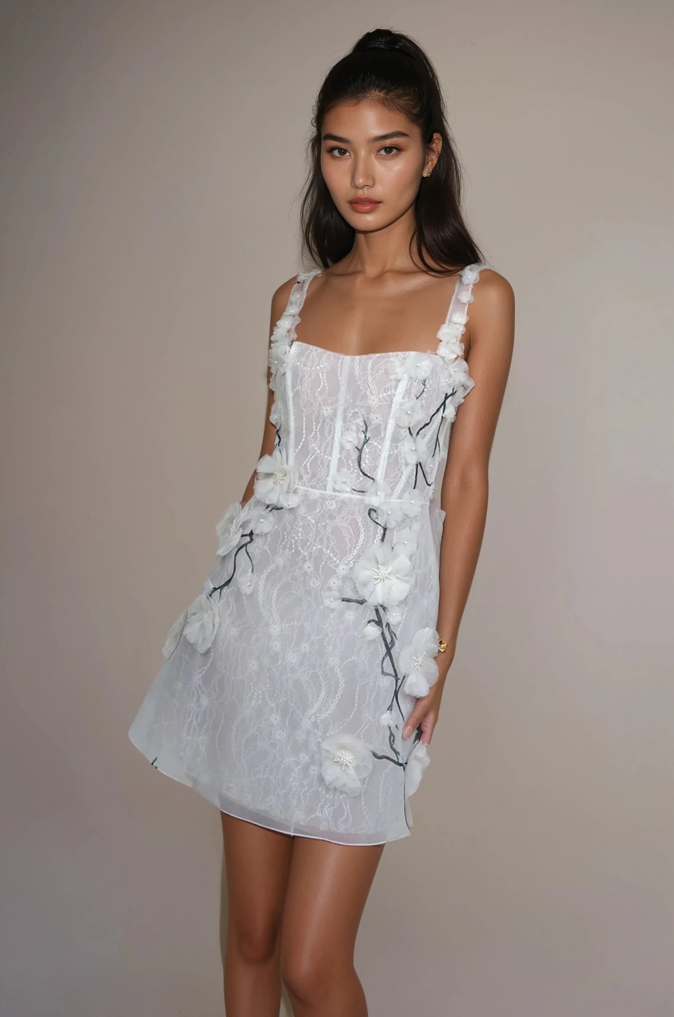 hermione - de - paula - 3D Blossom Vine Dip Neck SL Mini Gown Floral White Vine - botanical - couture