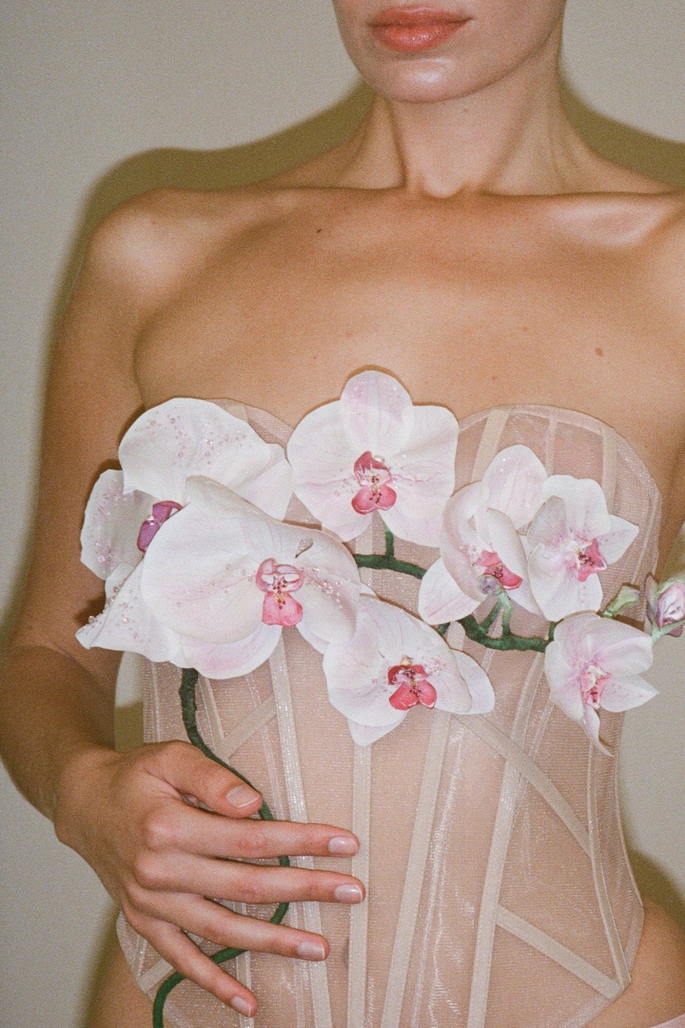 hermione - de - paula - Archive 3D Sculpted Hand Crafted 'Invisible Silk Orchid' Bodice - Hand Painted & hand beaded - botanical - couture