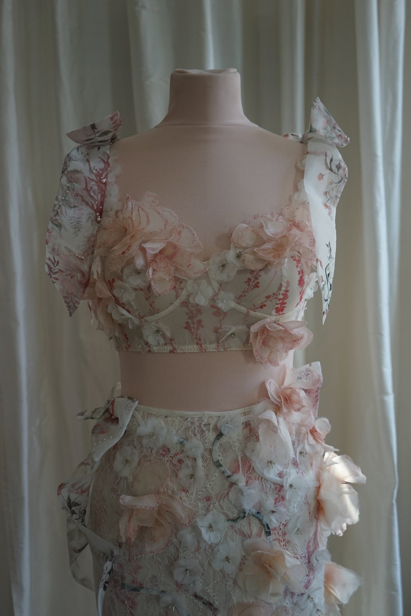 hermione - de - paula - Archive Hand Painted Rose & Bow Lace Two Piece - Runway - botanical - couture