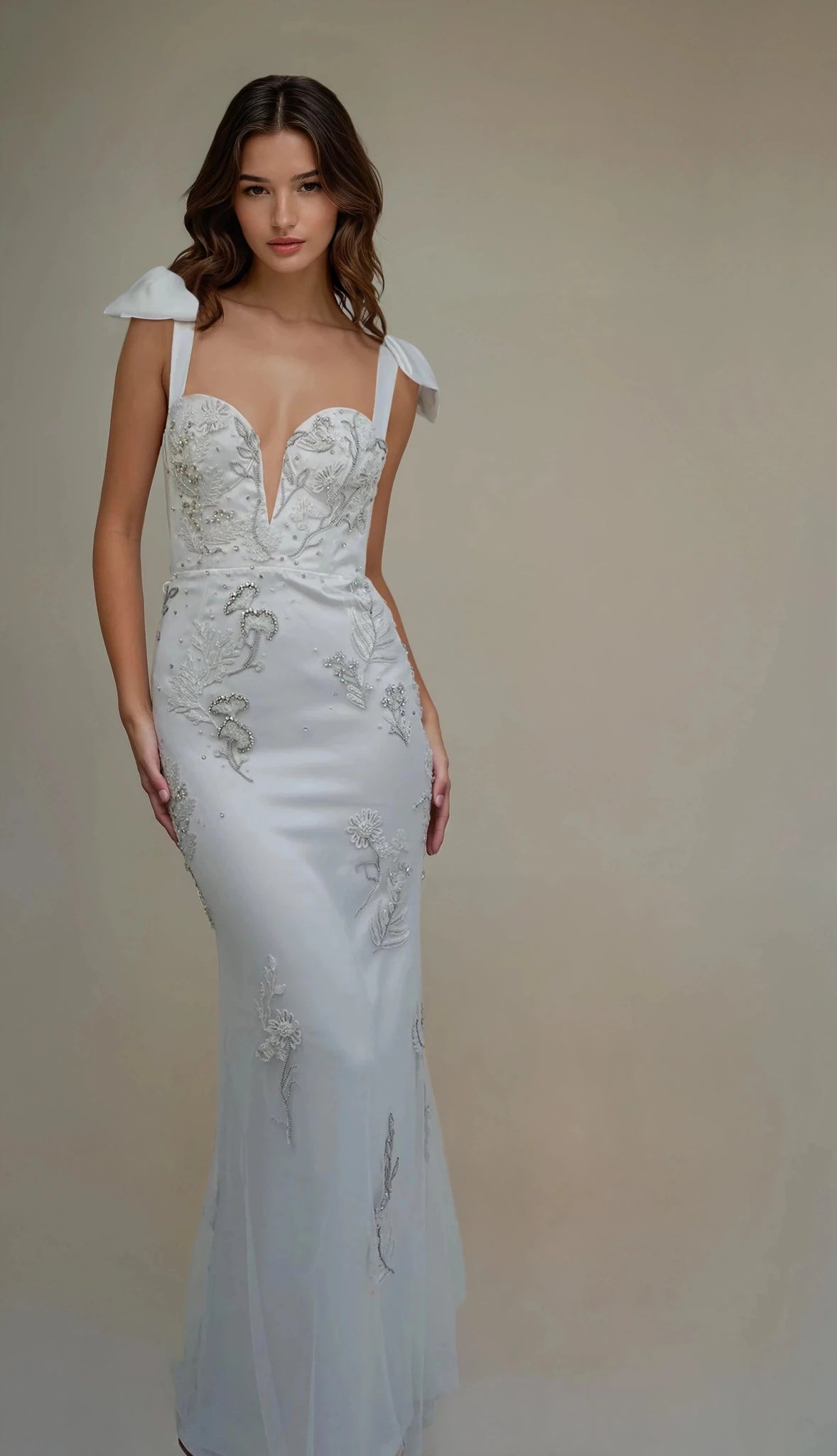 hermione - de - paula - Archive Lunar Garden Cupped Deep V Gown with Satin Bow Straps - botanical - couture