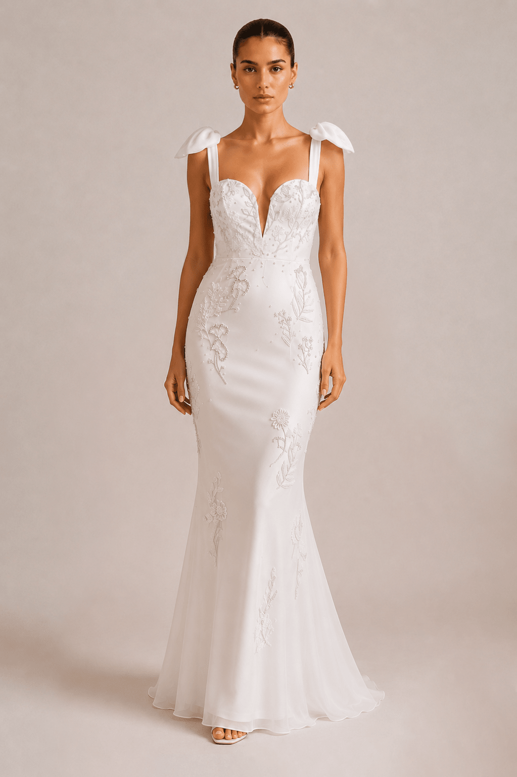hermione - de - paula - Archive Lunar Garden Cupped Deep V Gown with Satin Bow Straps - botanical - couture