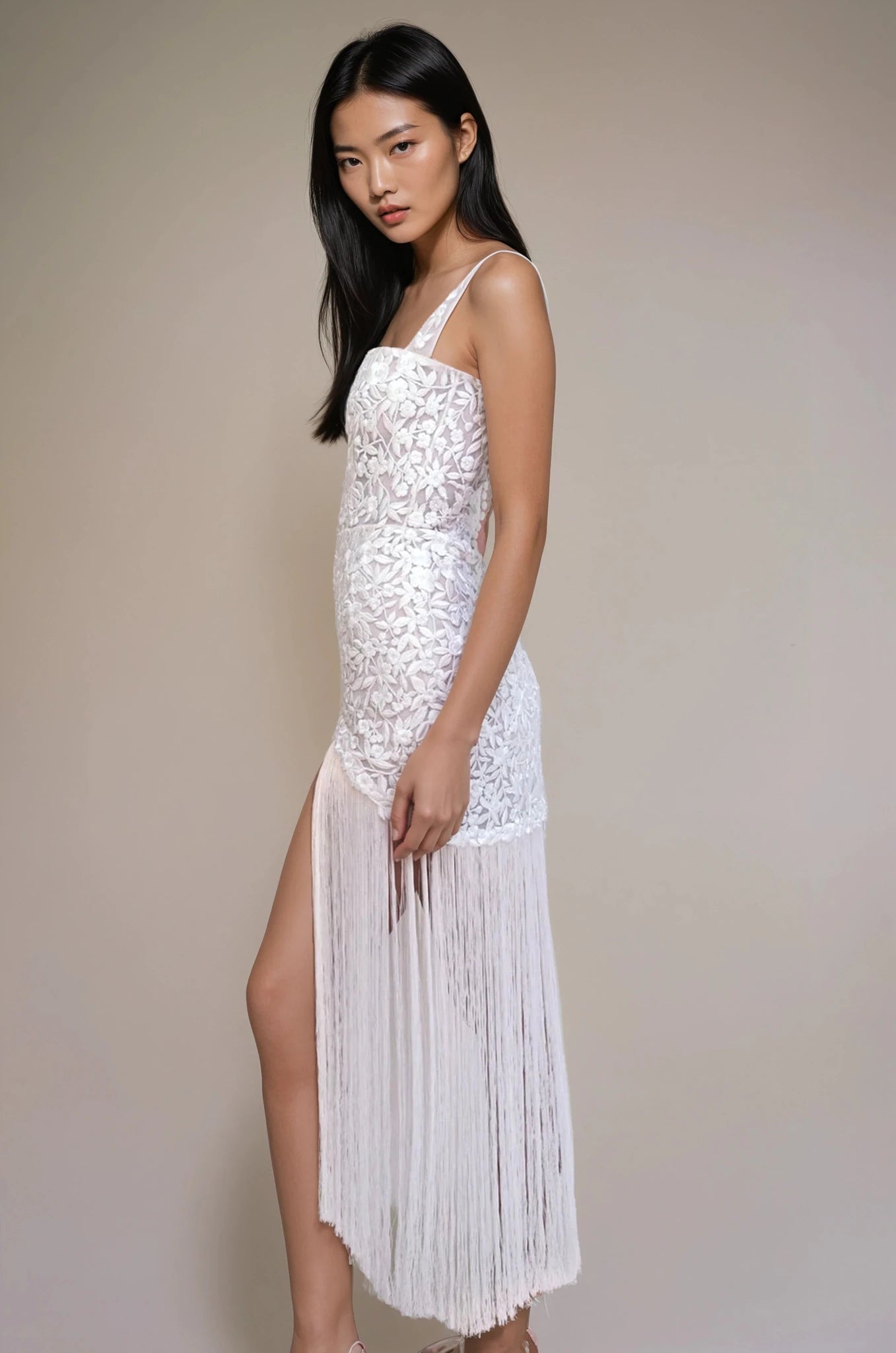 hermione - de - paula - Archive Miniature Rose Square Neck SL Tassel Mini Gown Jasmine Liquor - New Sample - botanical - couture