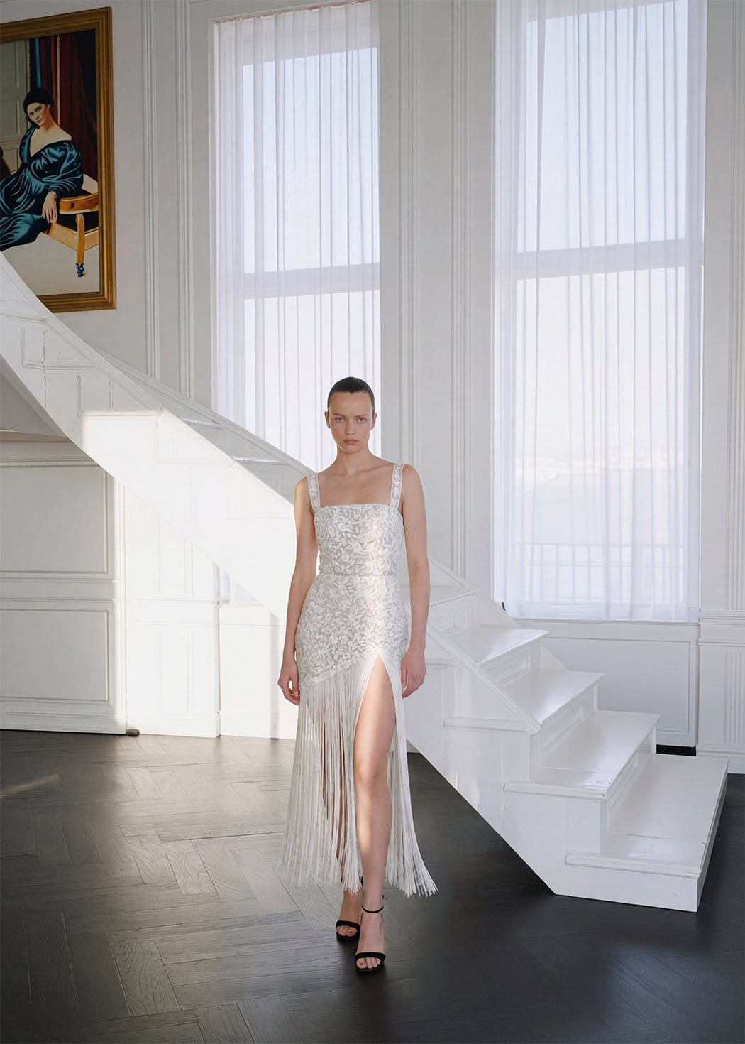 hermione - de - paula - Archive Miniature Rose Square Neck SL Tassel Mini Gown Jasmine Liquor - New Sample - botanical - couture