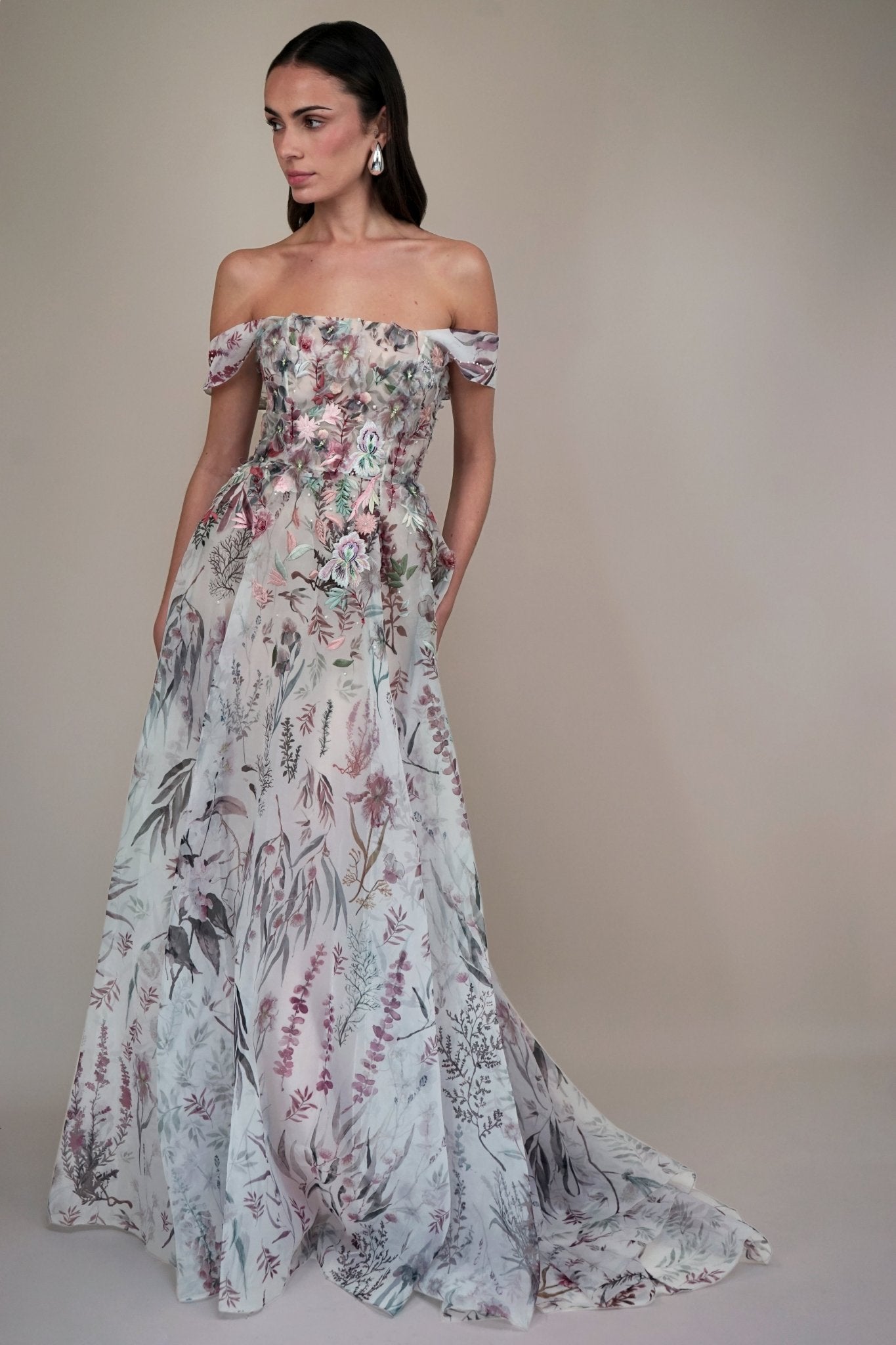hermione - de - paula - Archive Printed Underwater Wildflower SL Gown With 3D Elements Midnight - New Sample - botanical - couture
