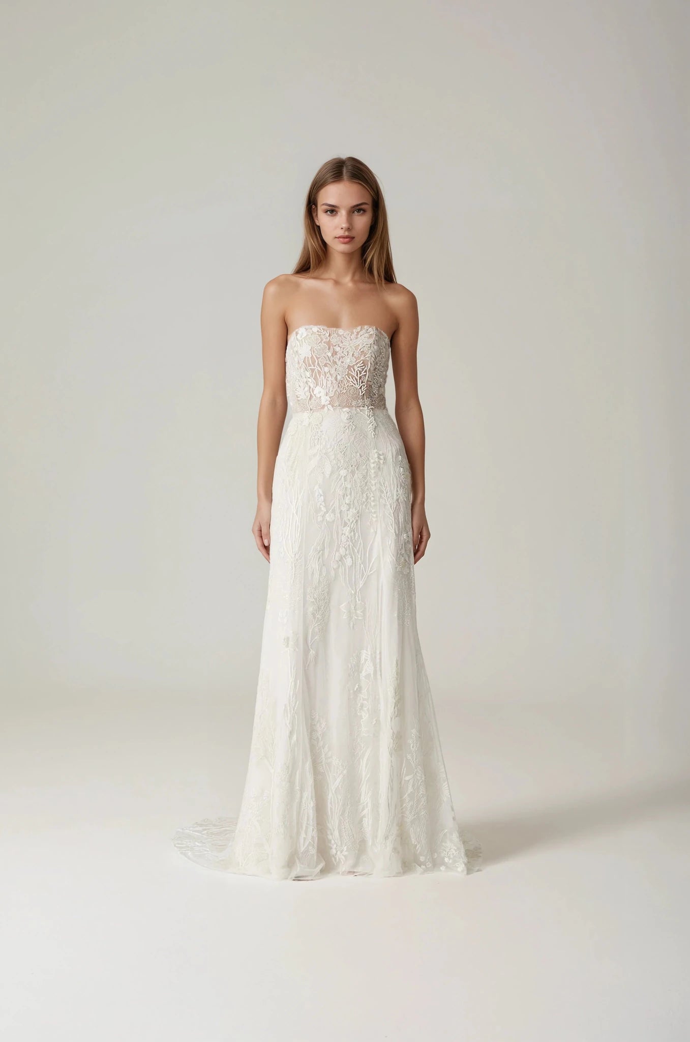 hermione - de - paula - Archive Seascape Straight Bodice SL Gown Moonlight White - New Sample Never Worn - botanical - couture