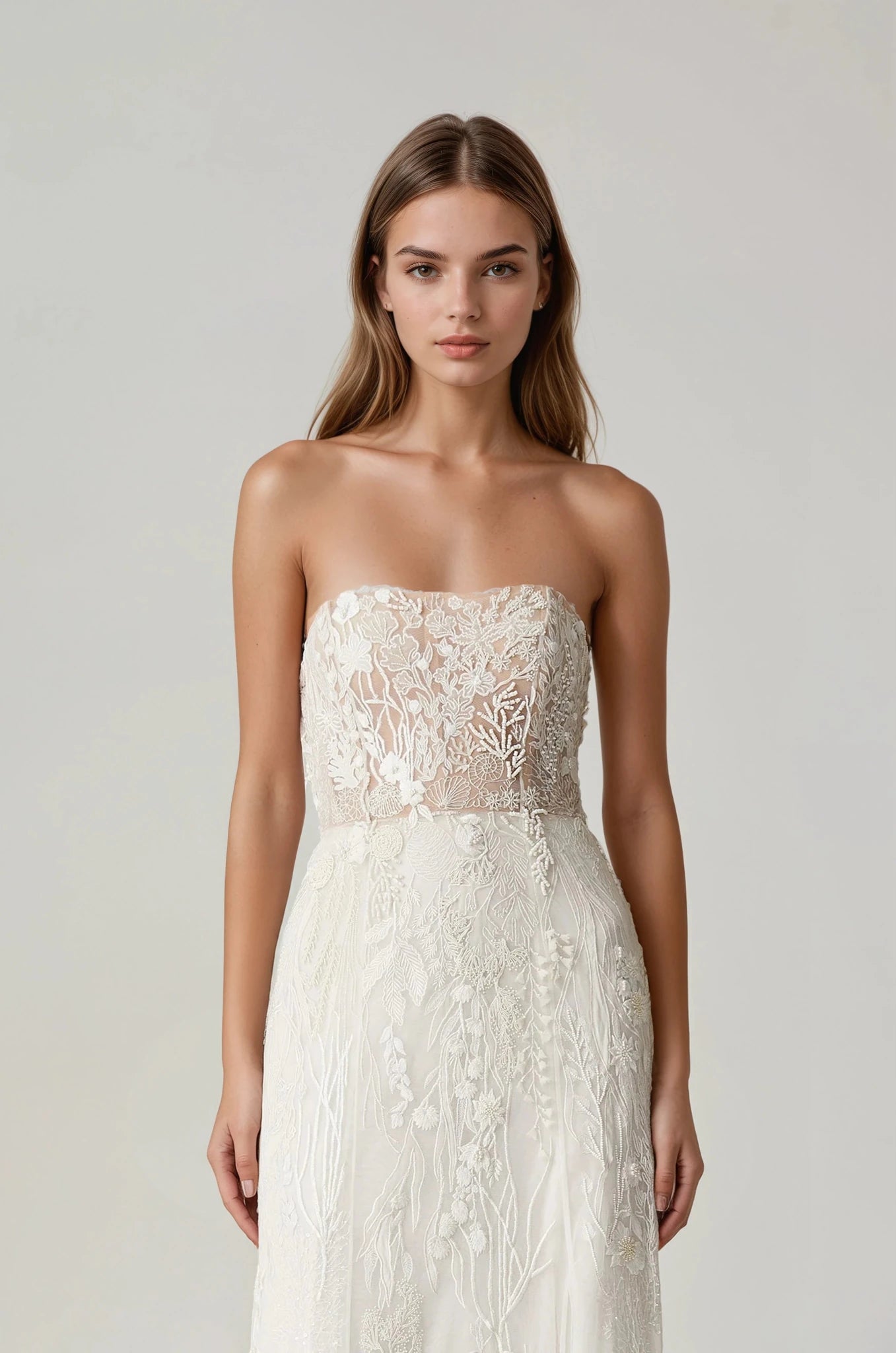 hermione - de - paula - Archive Seascape Straight Bodice SL Gown Moonlight White - New Sample Never Worn - botanical - couture